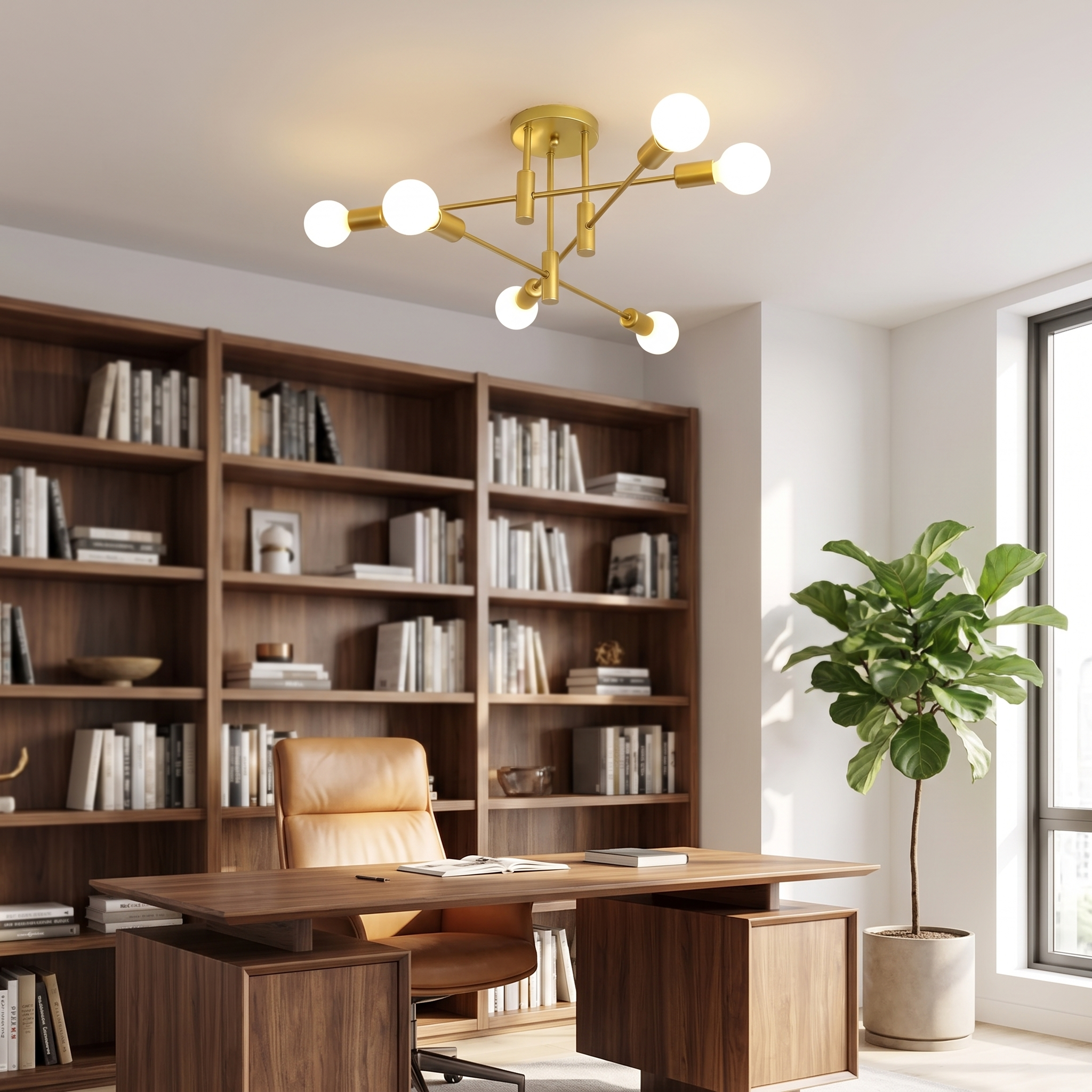 All gold 4 light sputnik ceiling light in a bright study