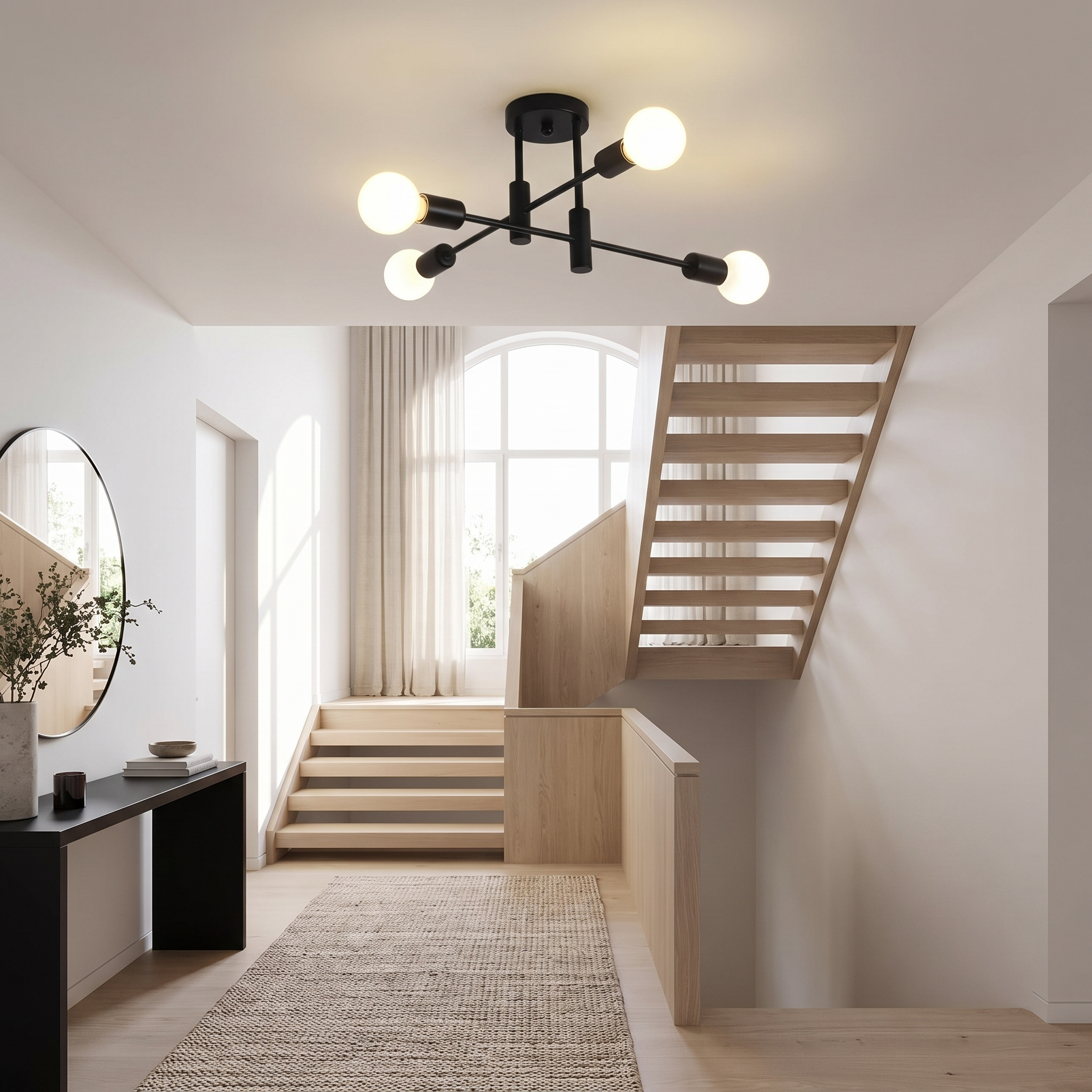 Matte black 6 light sputnik ceiling light in an entry hallway