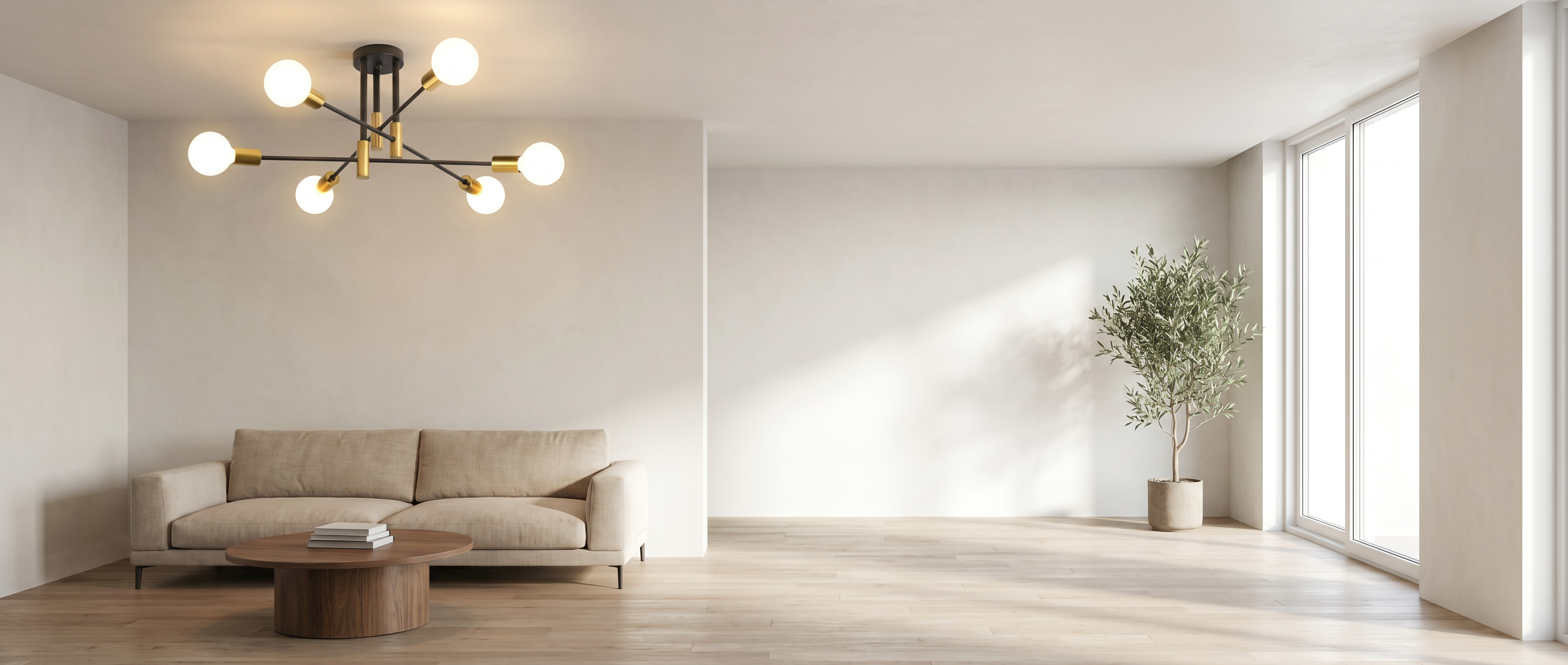 Black and gold sputnik ceiling light in a bright modern living room