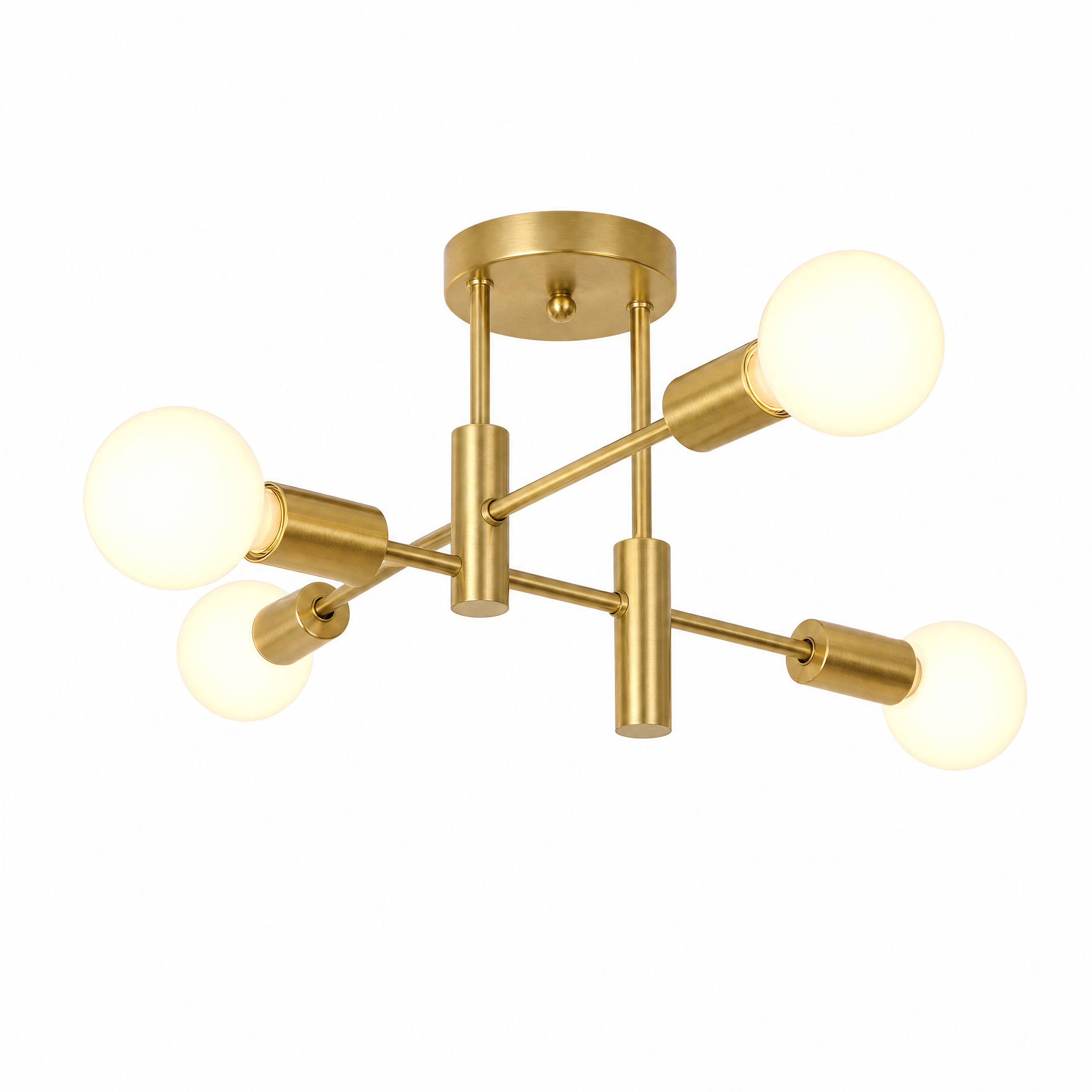 All gold 4 light sputnik ceiling light on a white background