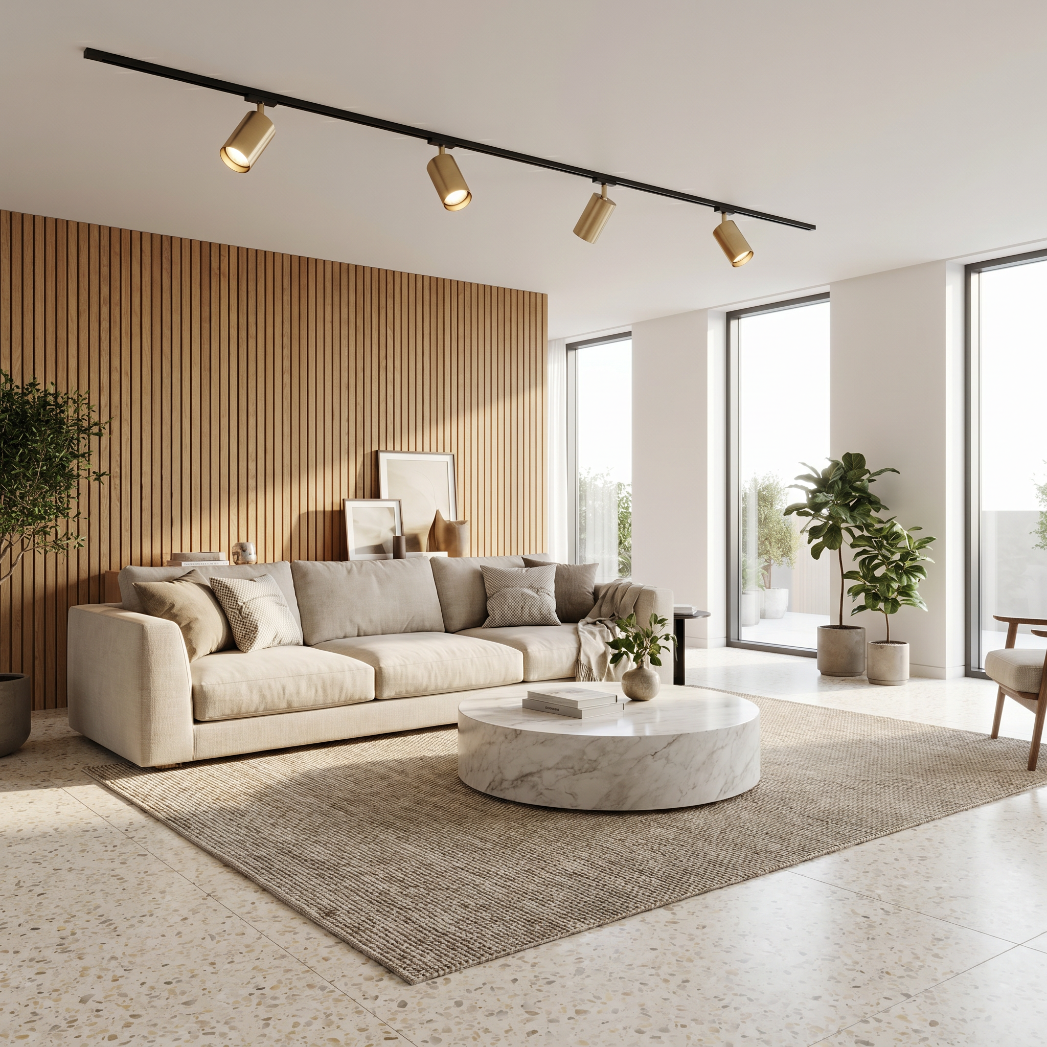 Black and gold Linea Lucente track lighting over a modern living room with a wood slat wall and terrazzo floor