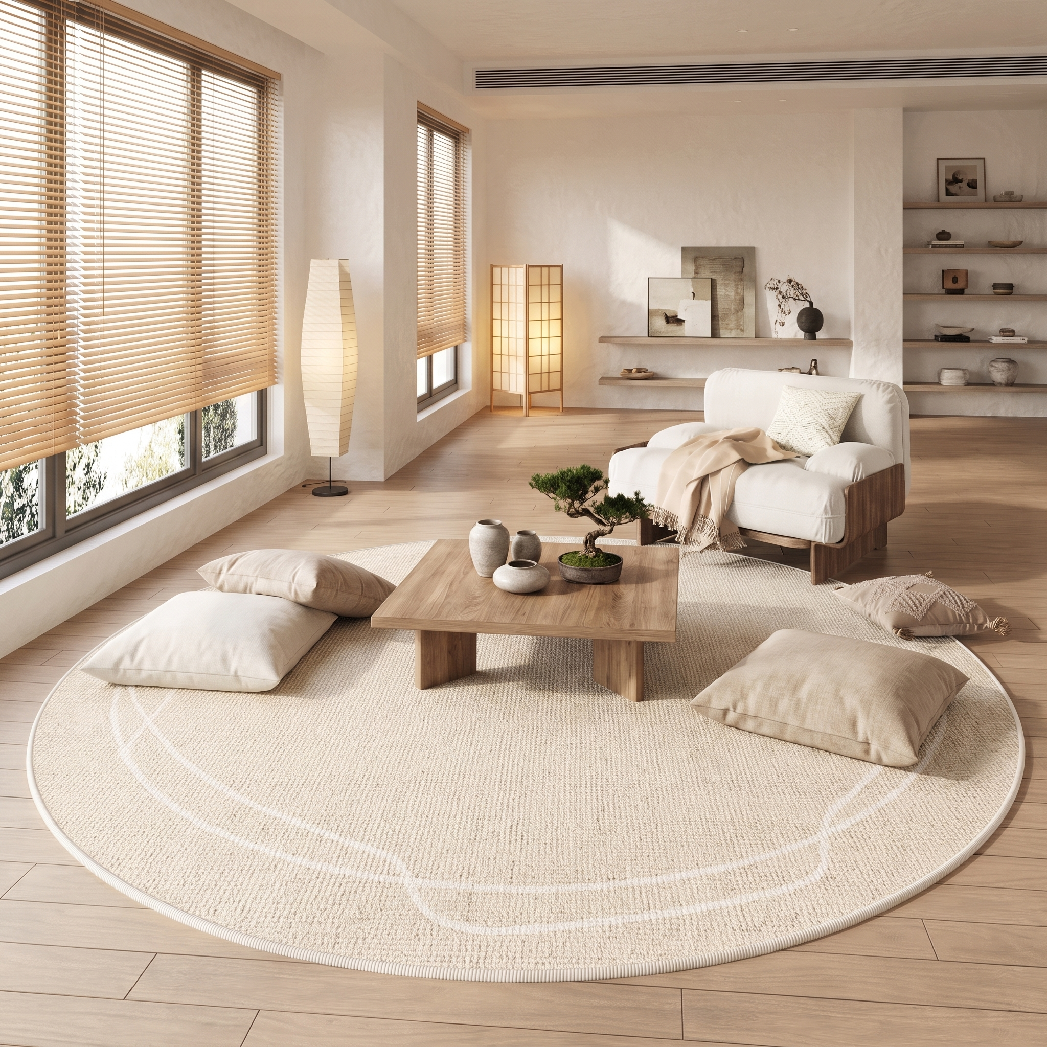 Cerchio Sereno round cream rug in a serene Japandi lounge