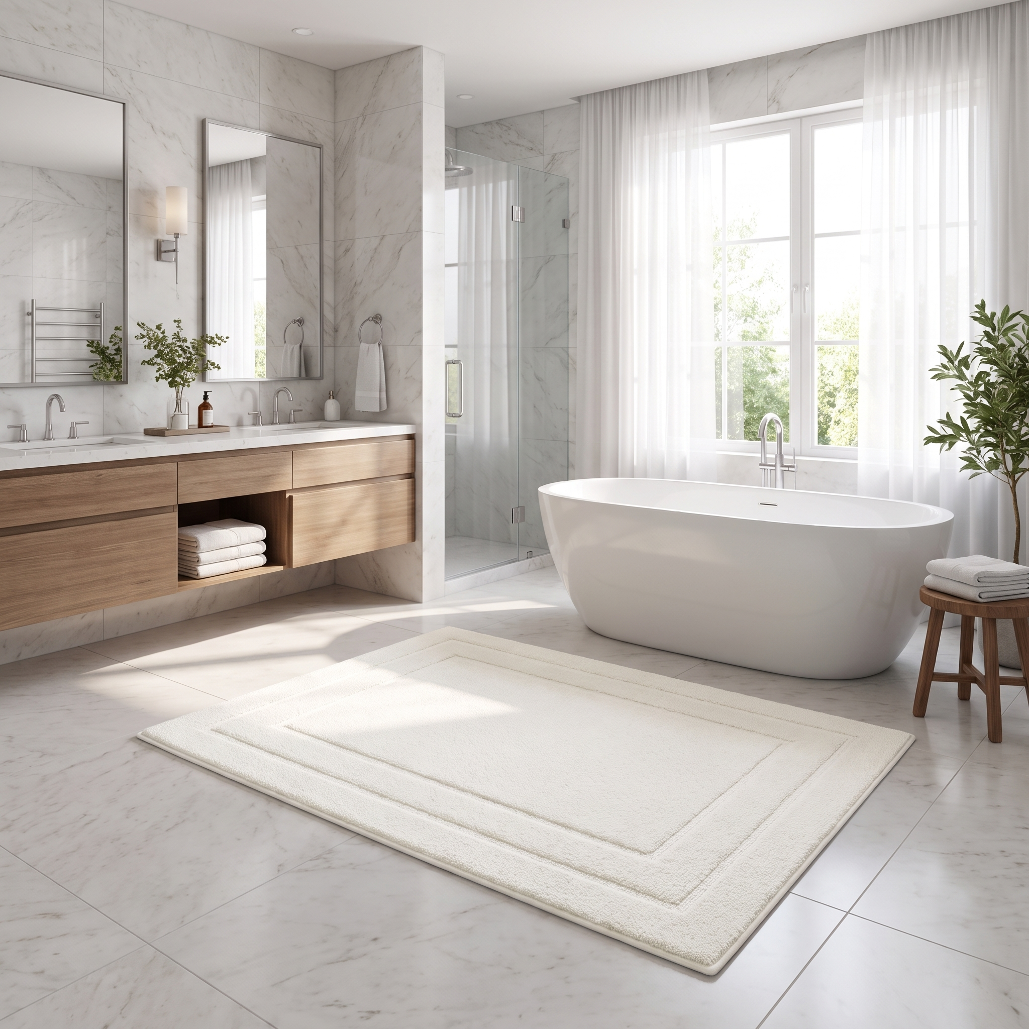 Ivory plush bath mat in front of a freestanding tub in a bright bathroom