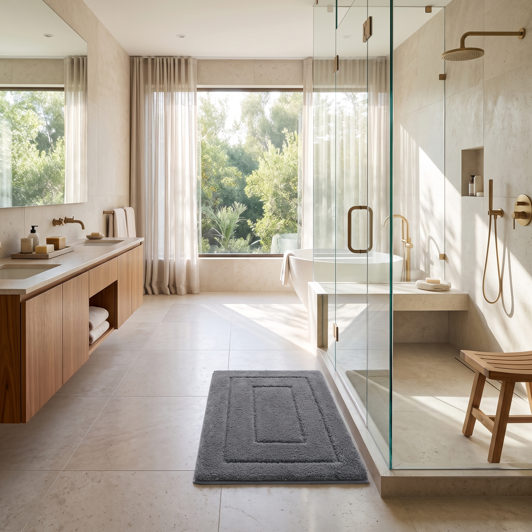 Gray plush bath mat at a walk-in shower in a spa bathroom