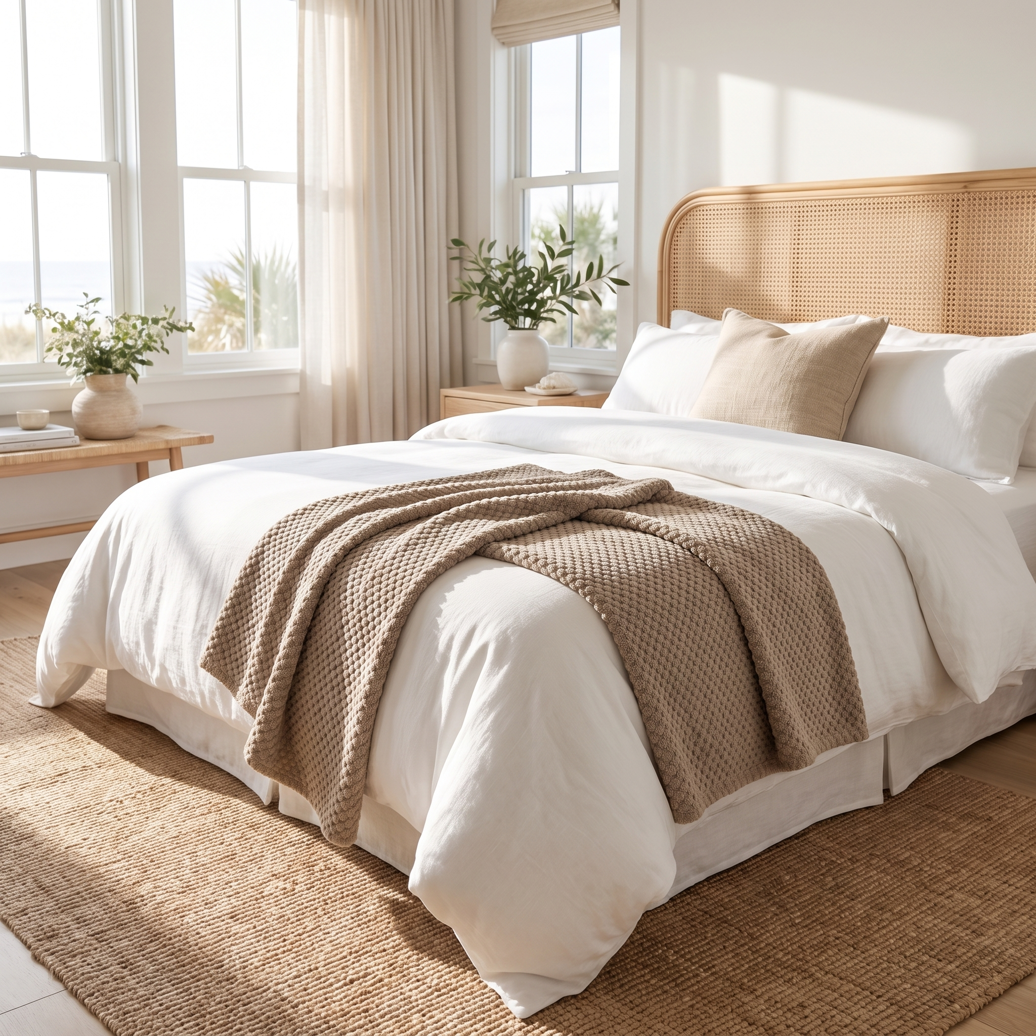 ZCLS Beige throw folded across a made bed