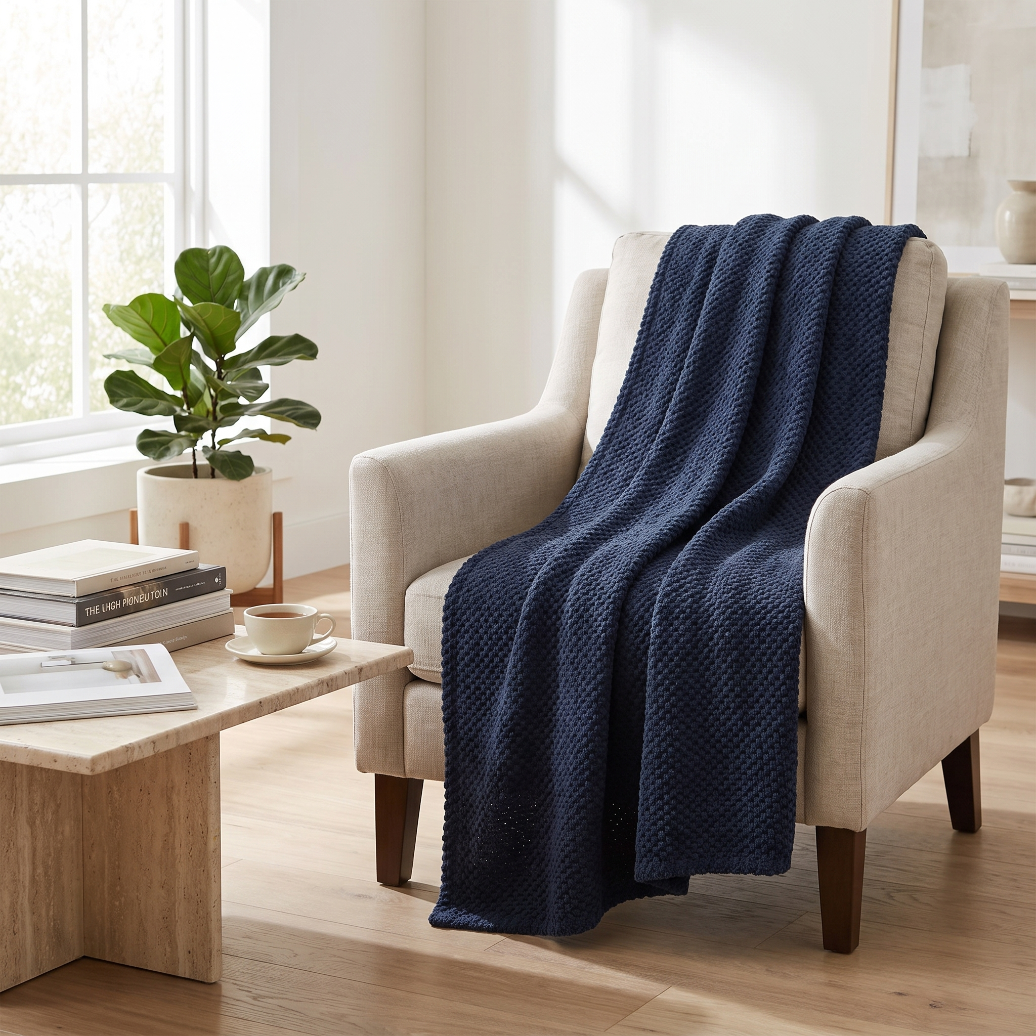 ZCLS Navy throw over a living room armchair
