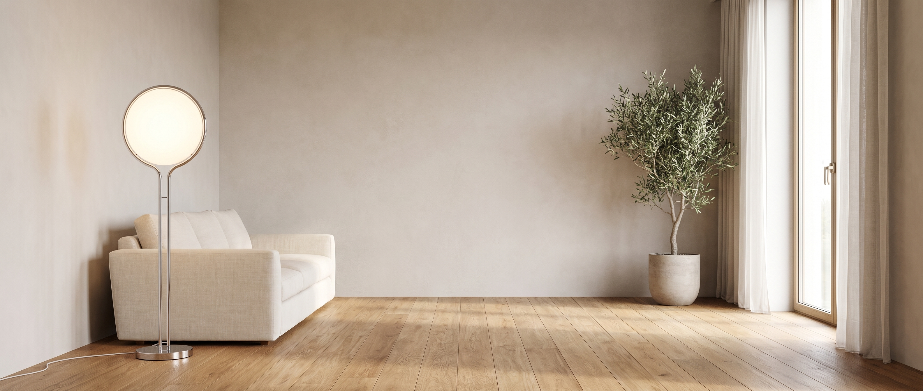 Luna Velata globe floor lamp glowing in a bright living room