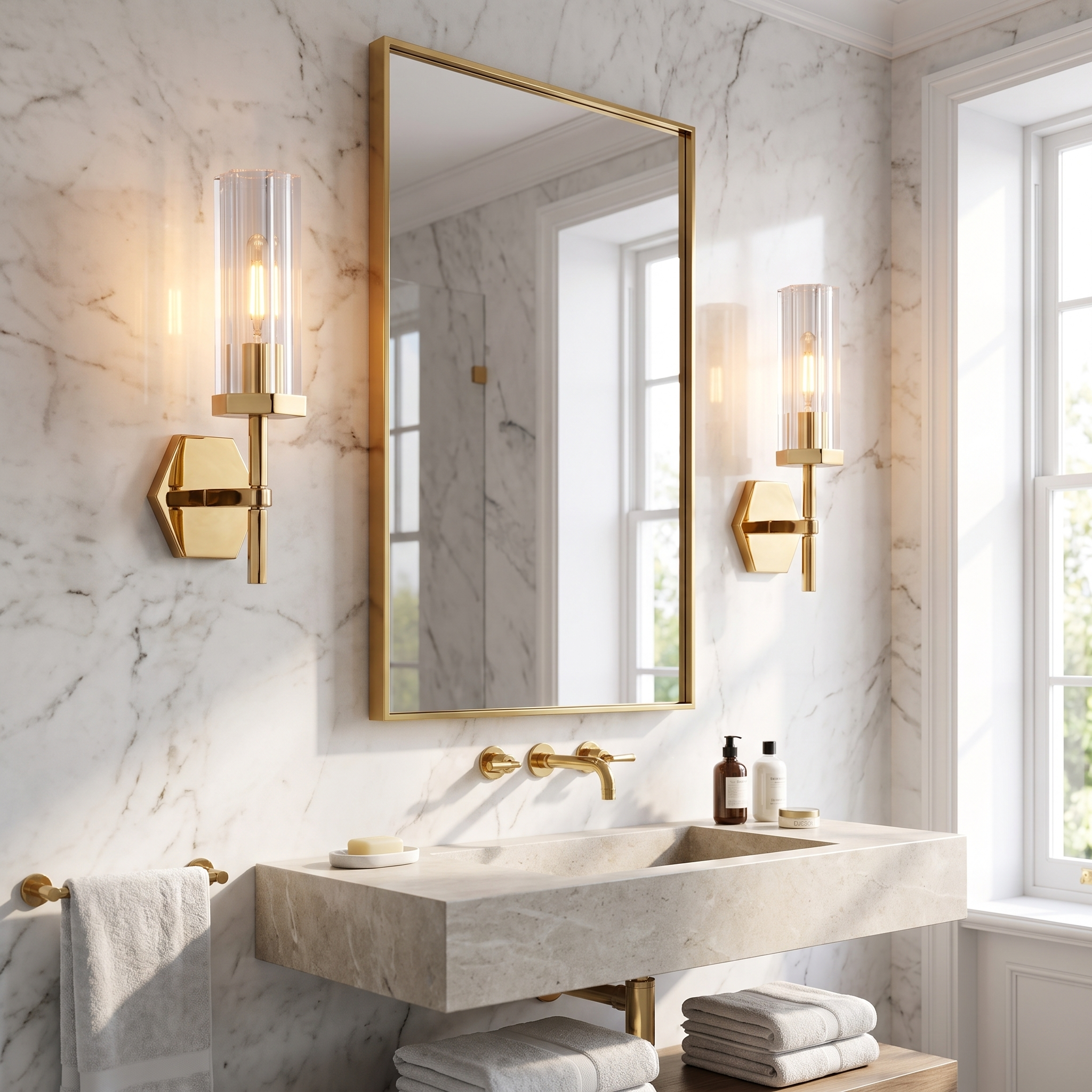 ZCLS Gold crystal wall sconces flanking a bathroom mirror