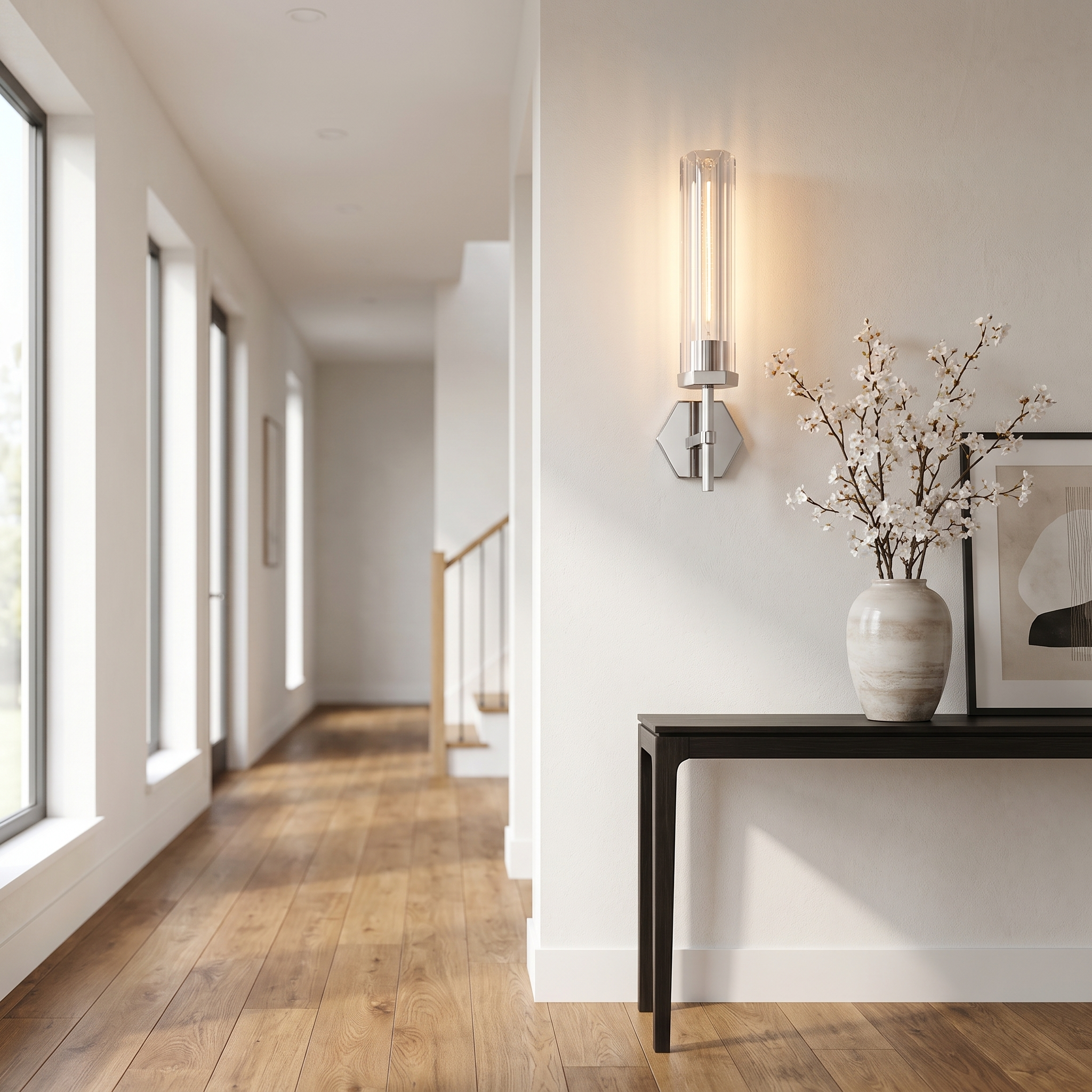 ZCLS Chrome crystal wall sconce in a hallway