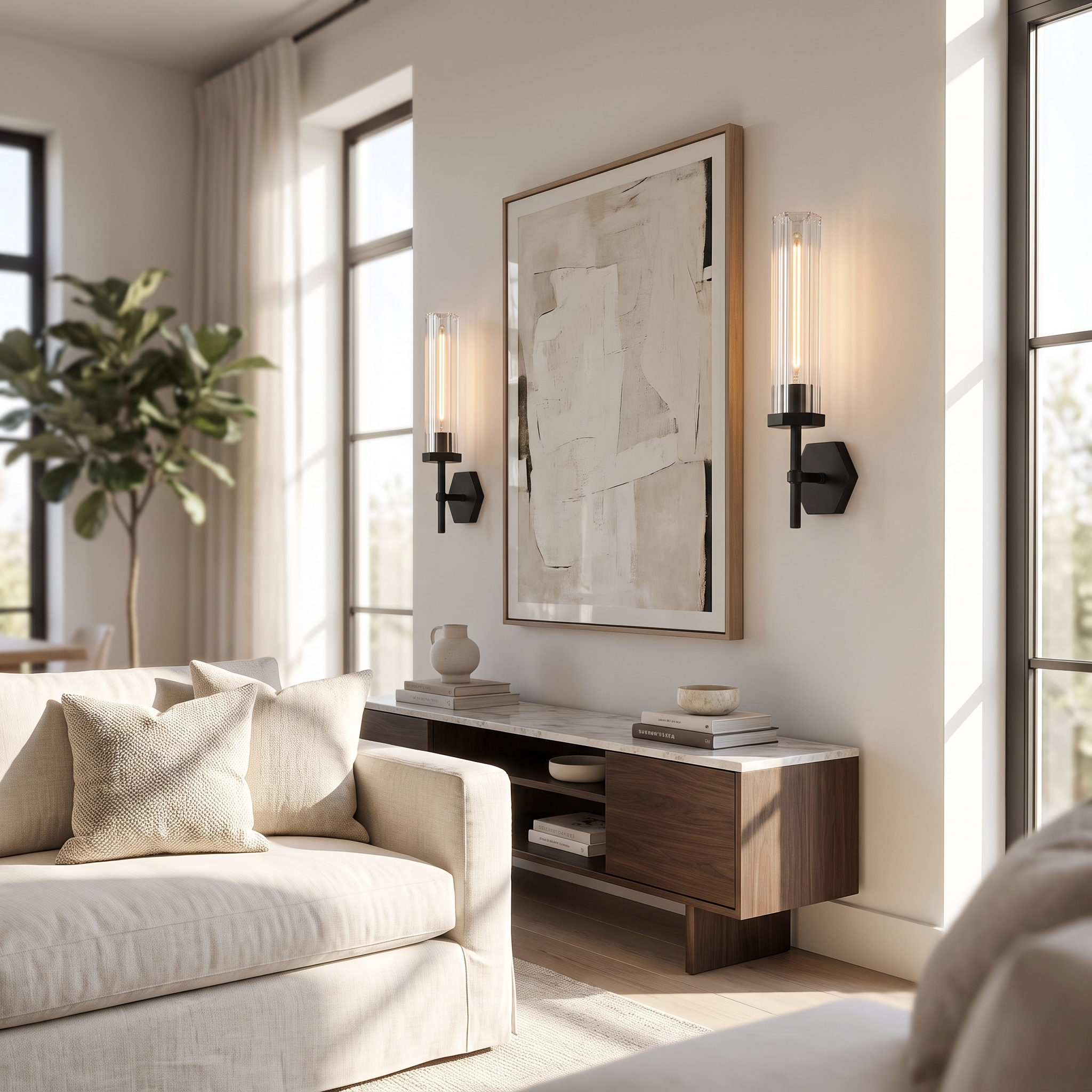 ZCLS Black crystal wall sconces flanking living room art