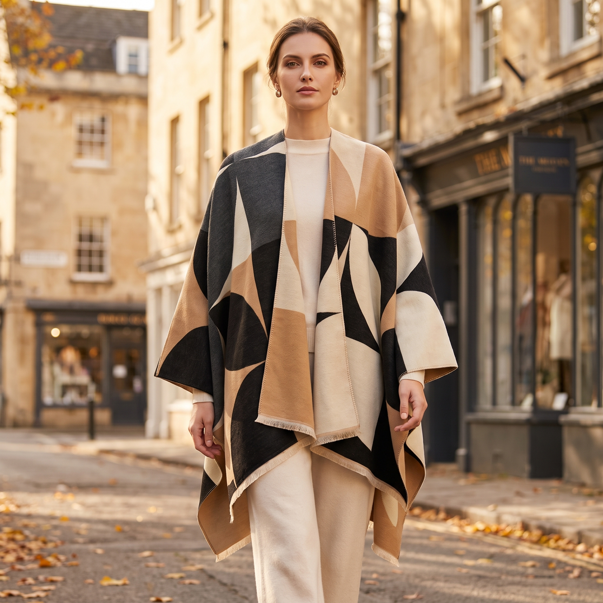 Woman wearing charcoal geometric reversible wrap poncho on an autumn city street