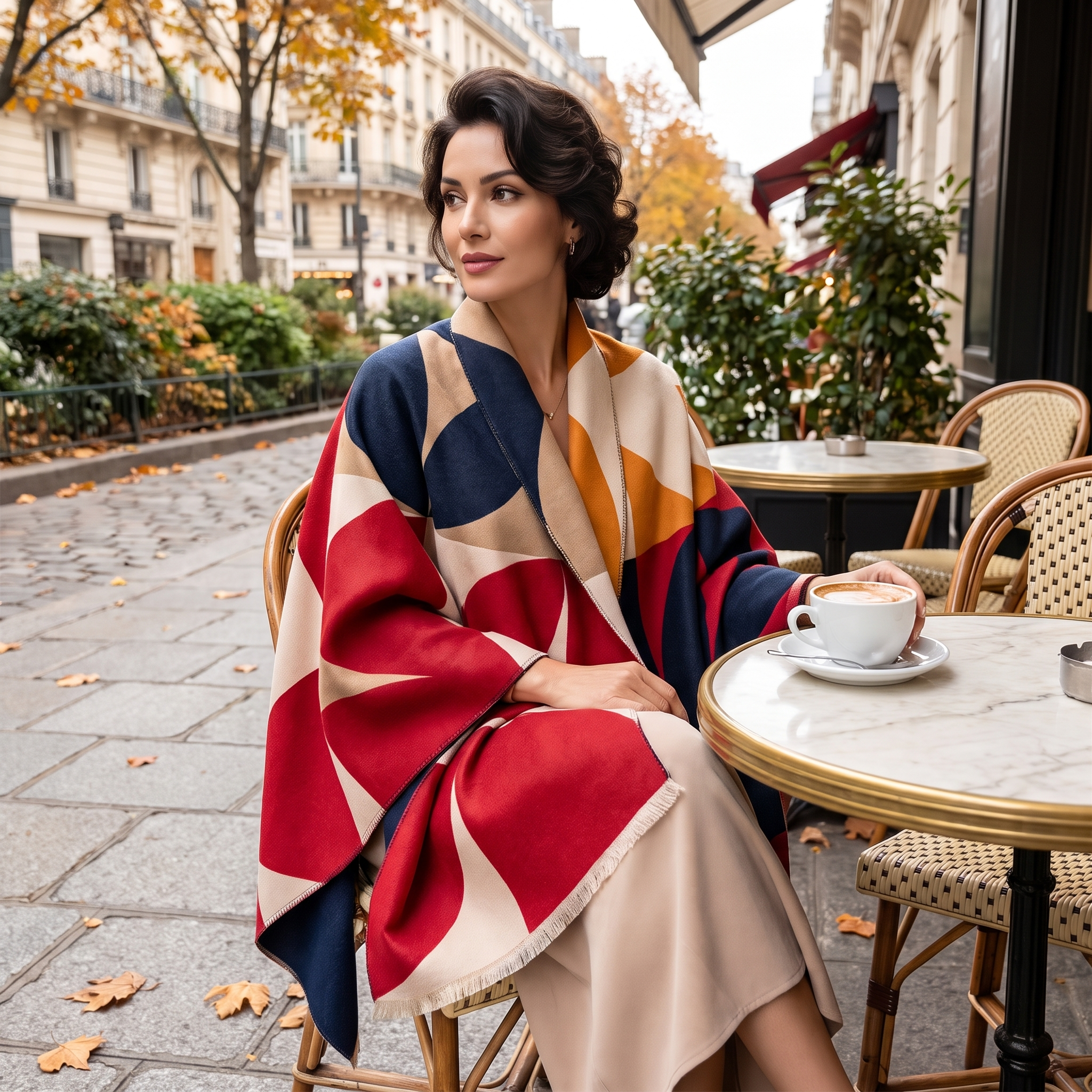 Woman wearing red navy geometric reversible wrap poncho at a cafe terrace