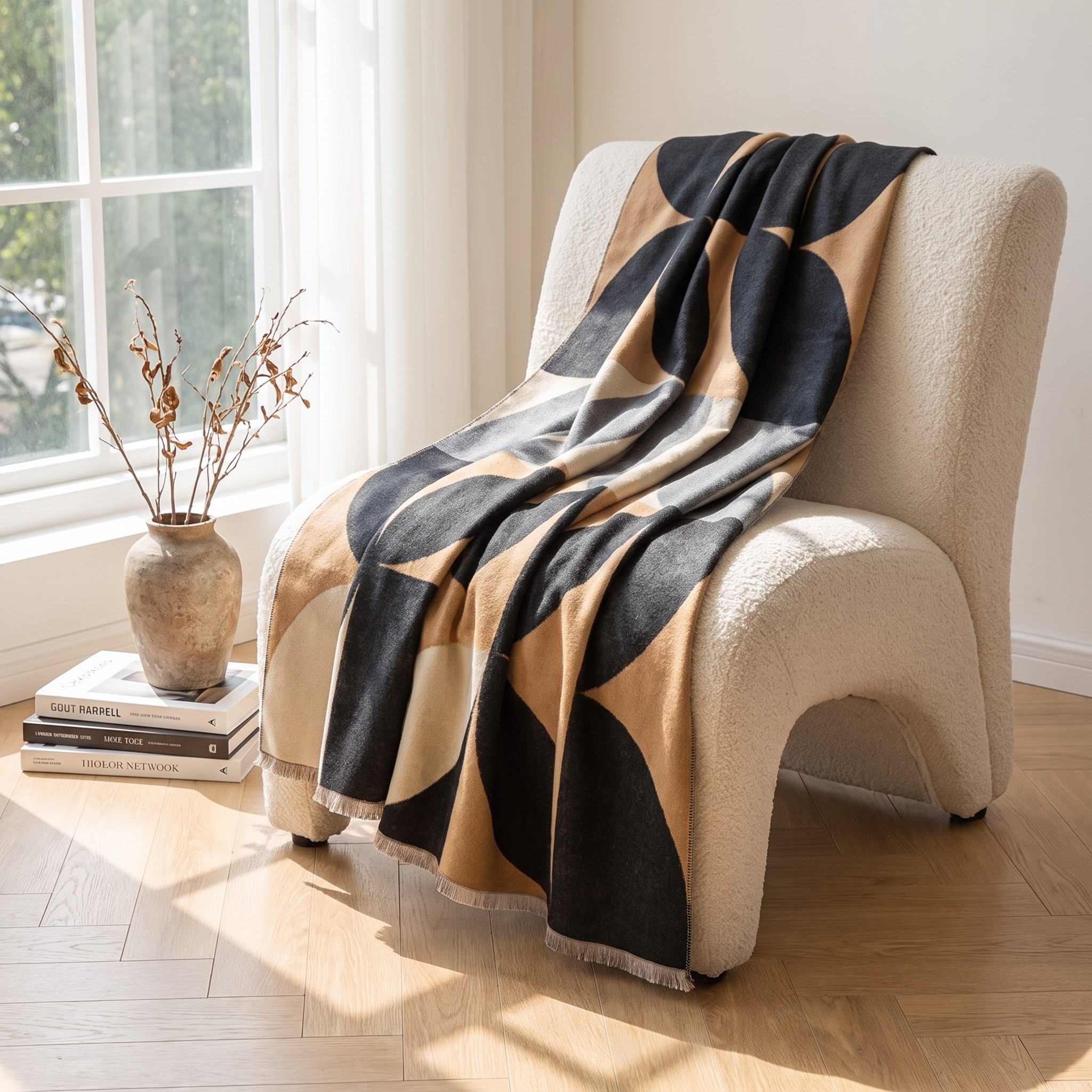 Charcoal geometric reversible wrap poncho draped over a boucle armchair