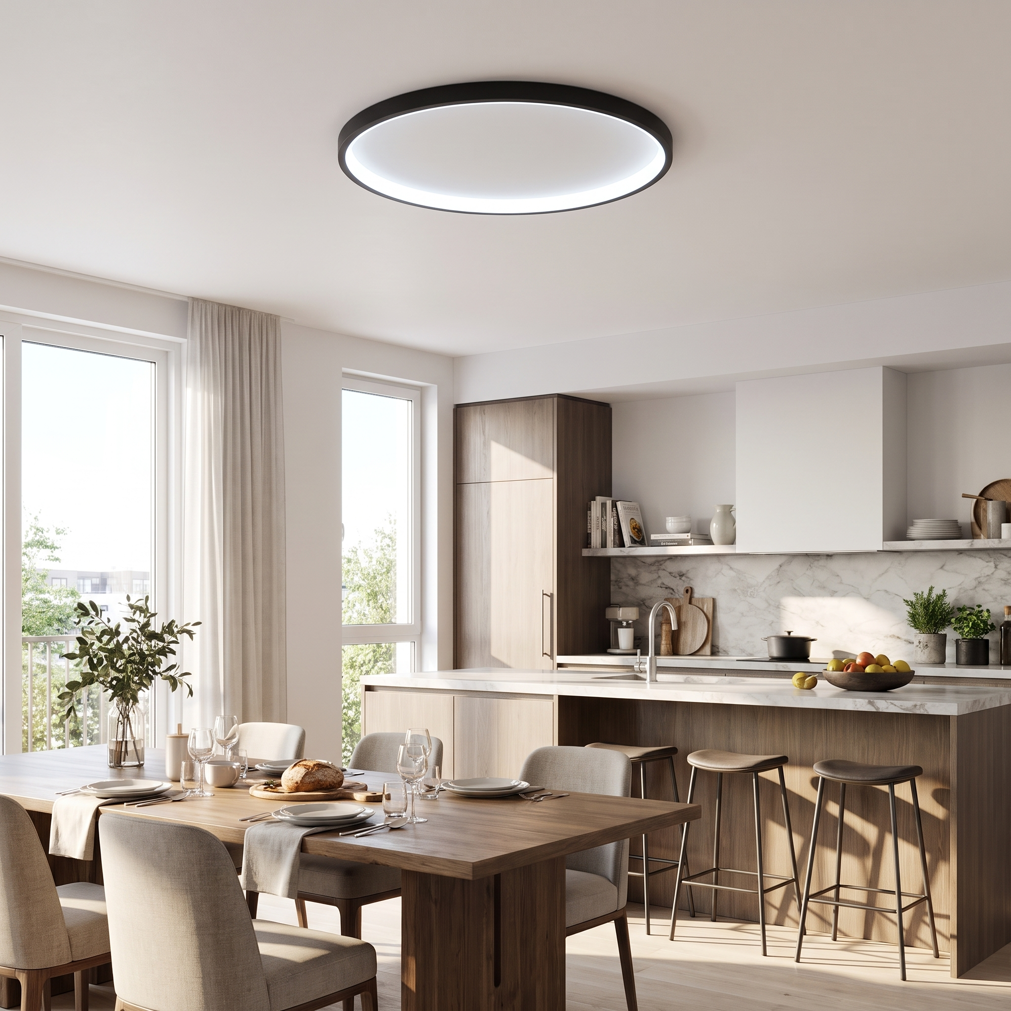 Luce Aurora black halo ceiling light cool glow over a kitchen and dining area