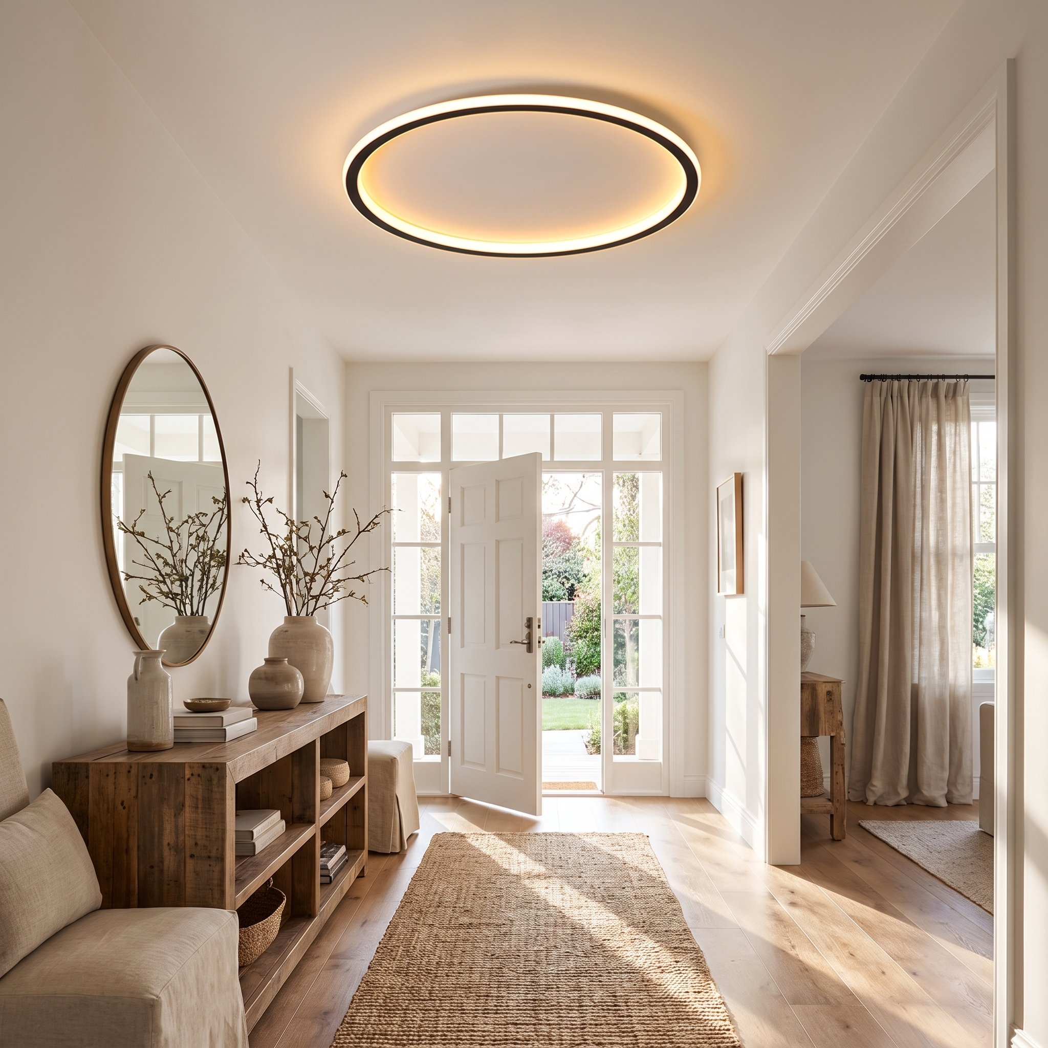 Luce Aurora black halo ceiling light in a bright entryway and hallway