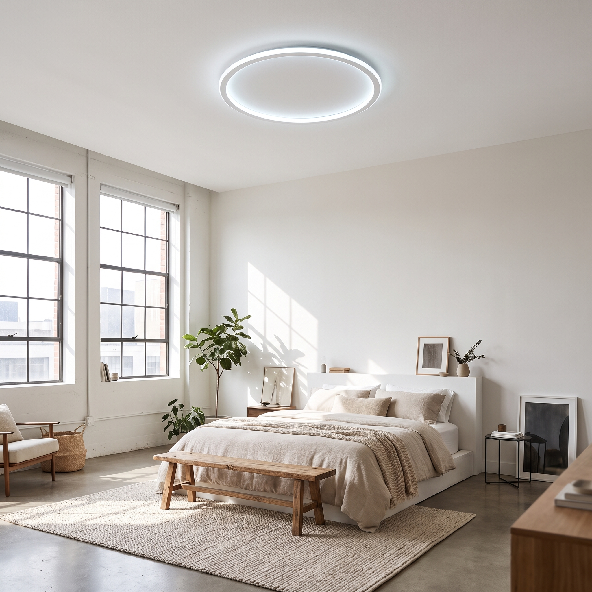 Luce Aurora white halo ceiling light cool glow in an airy loft bedroom