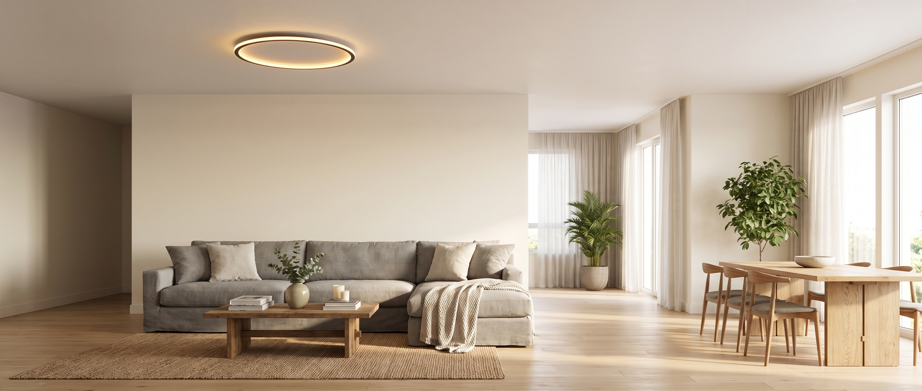 Luce Aurora halo ceiling light in a bright open-plan living and dining room