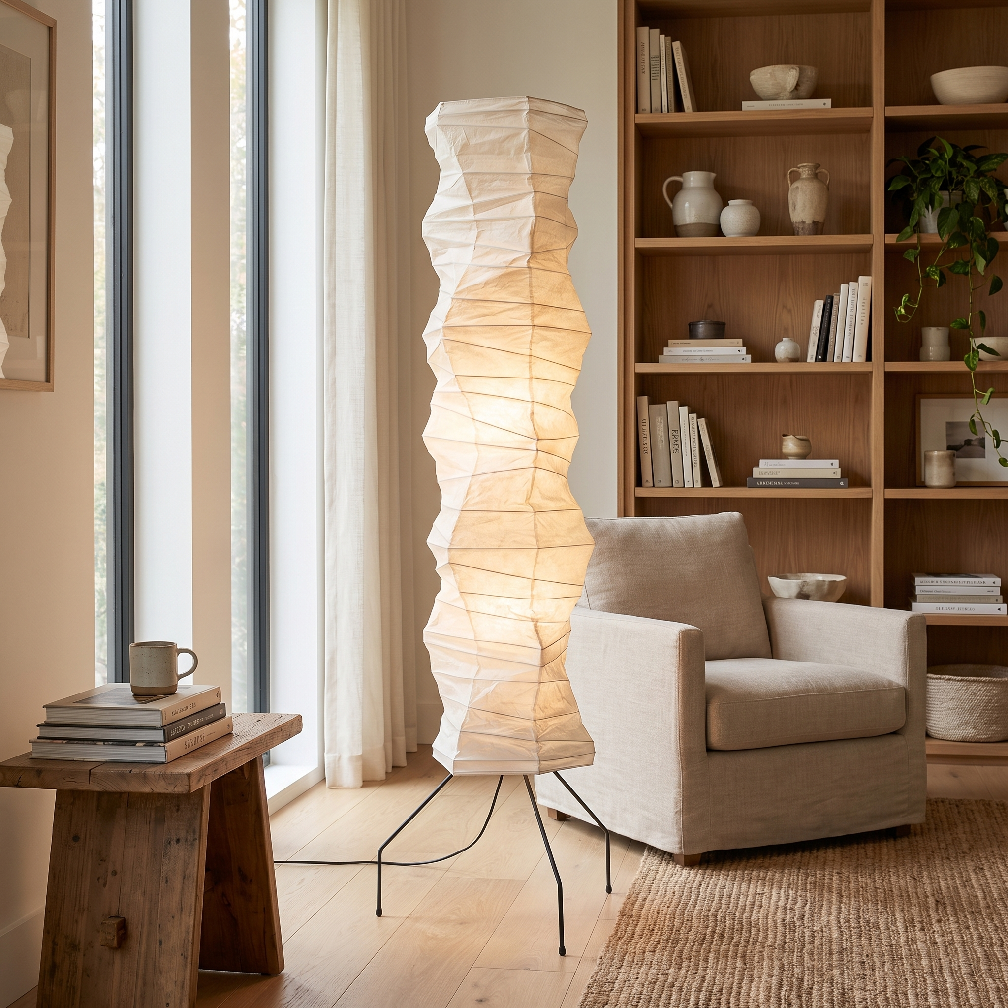 Luna Velata rice paper floor lamp in a living room reading nook
