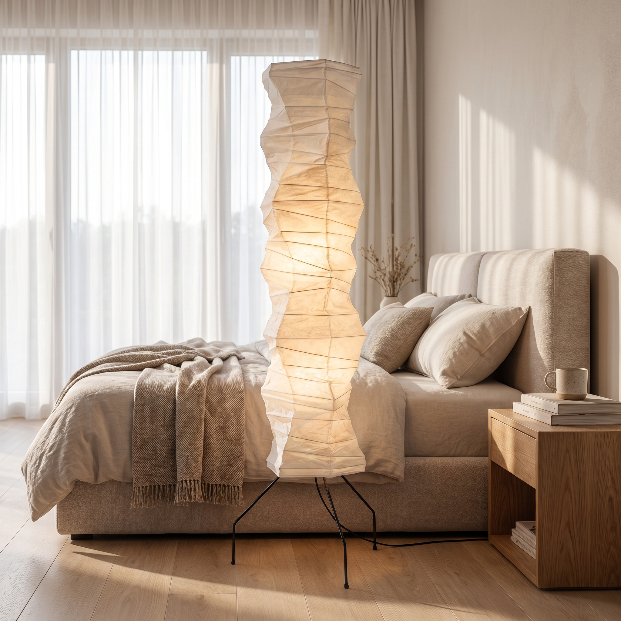 Luna Velata rice paper floor lamp beside a bed in a serene bedroom