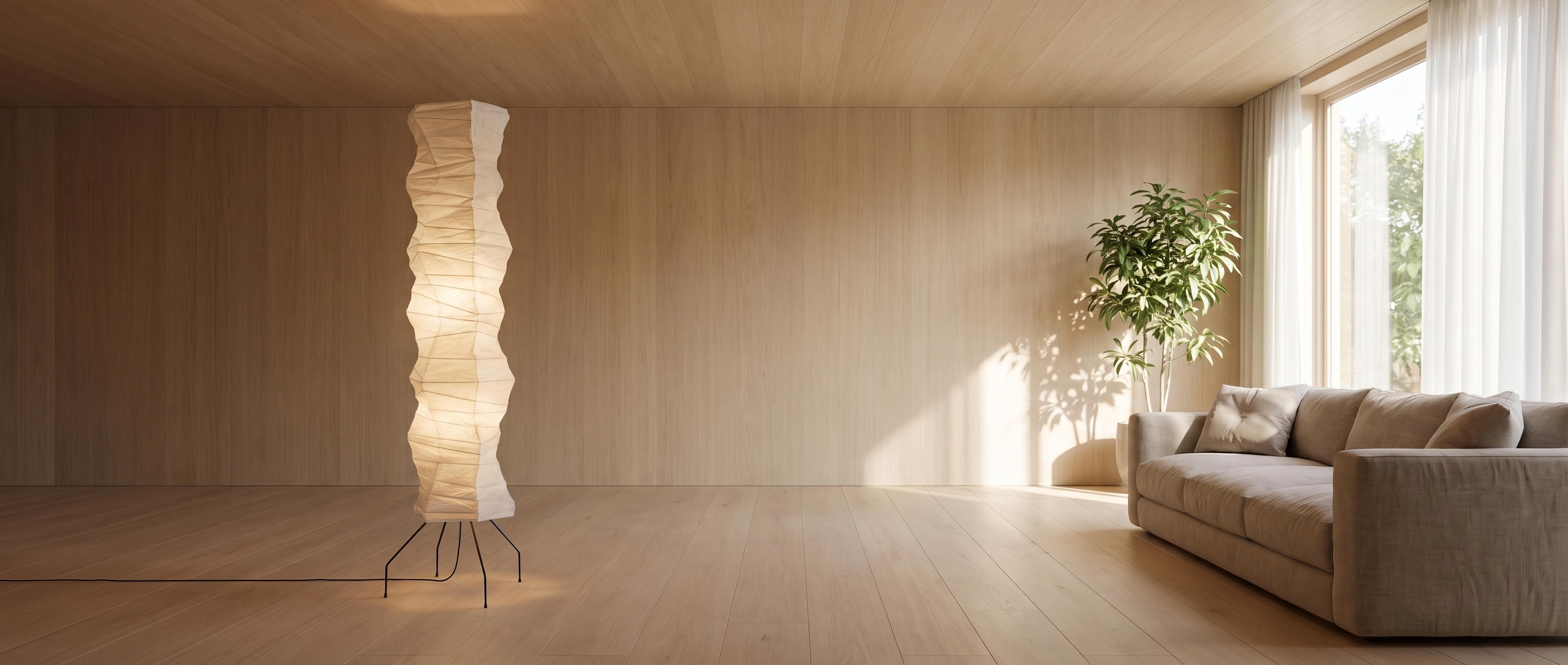 Luna Velata rice paper floor lamp glowing in a bright modern living room