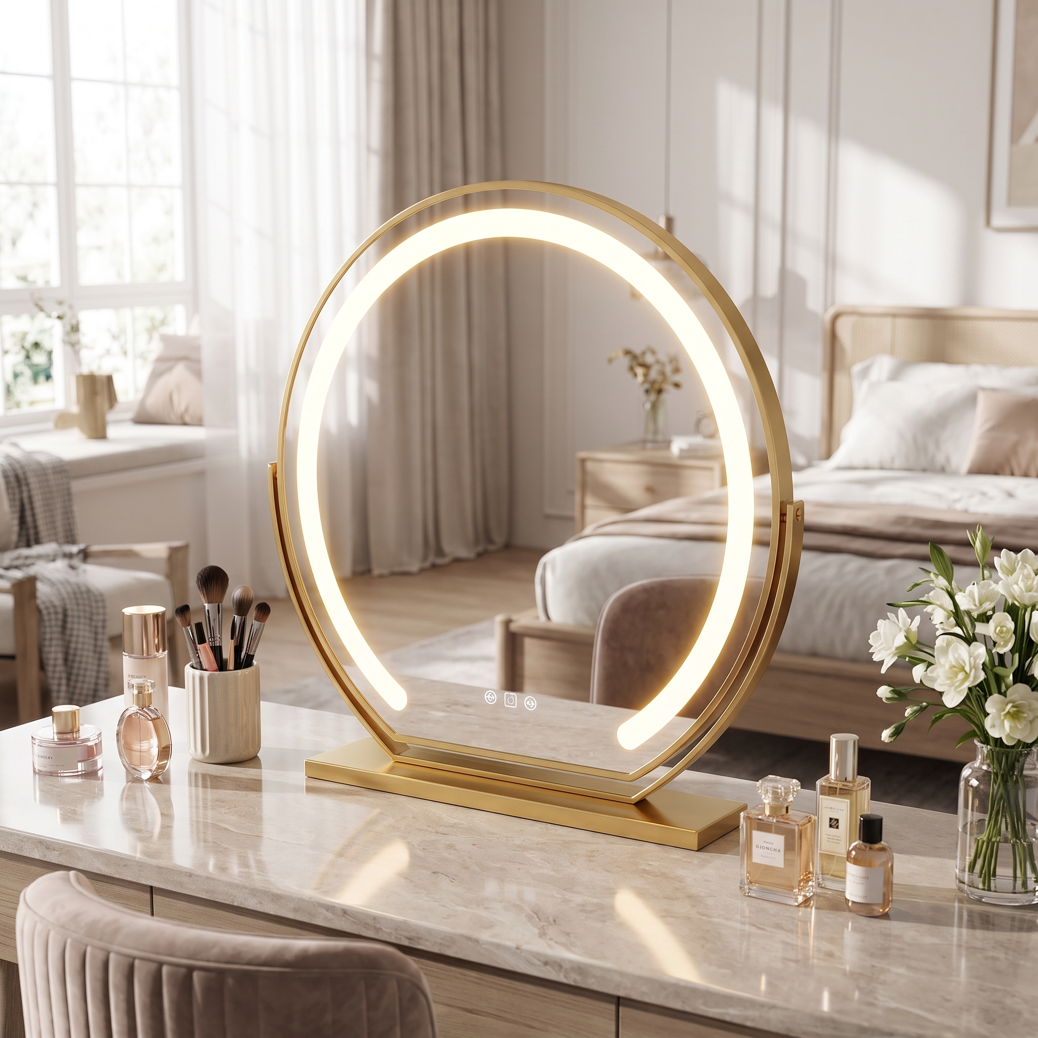 Bella Luce gold lighted vanity mirror on a bedroom dressing table