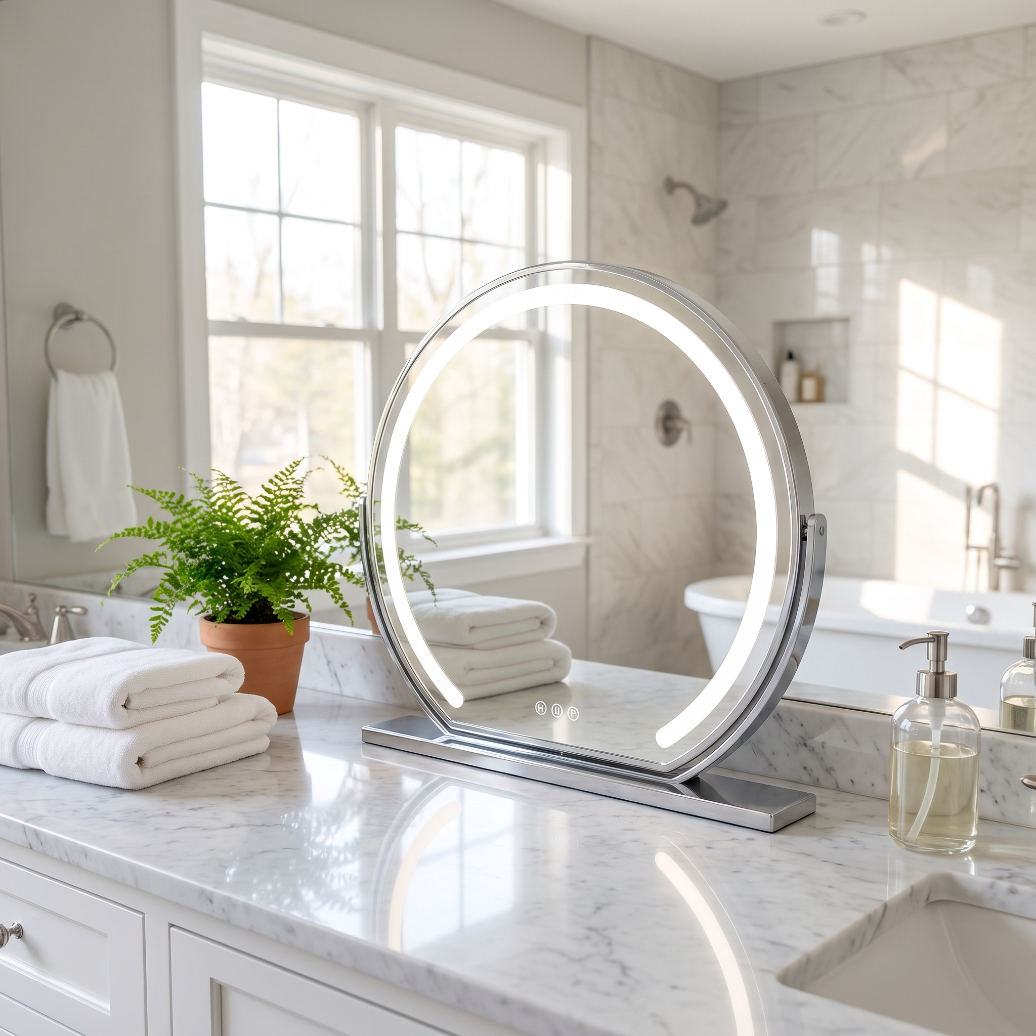 Bella Luce silver lighted vanity mirror on a bright bathroom counter