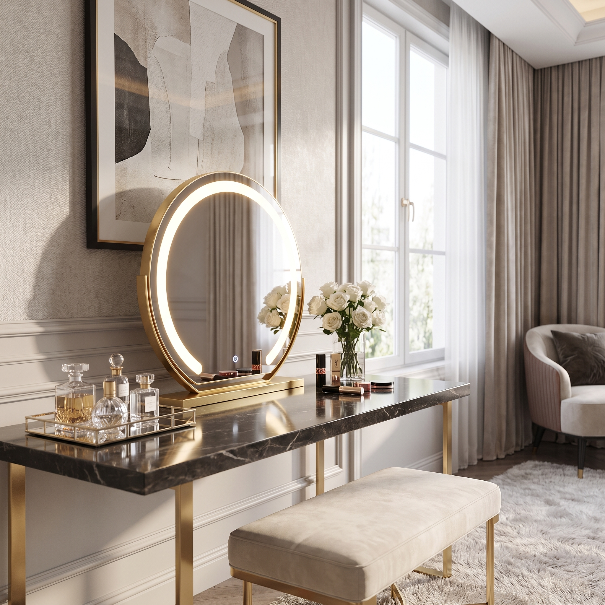 Bella Luce gold lighted vanity mirror in a glamorous vanity nook