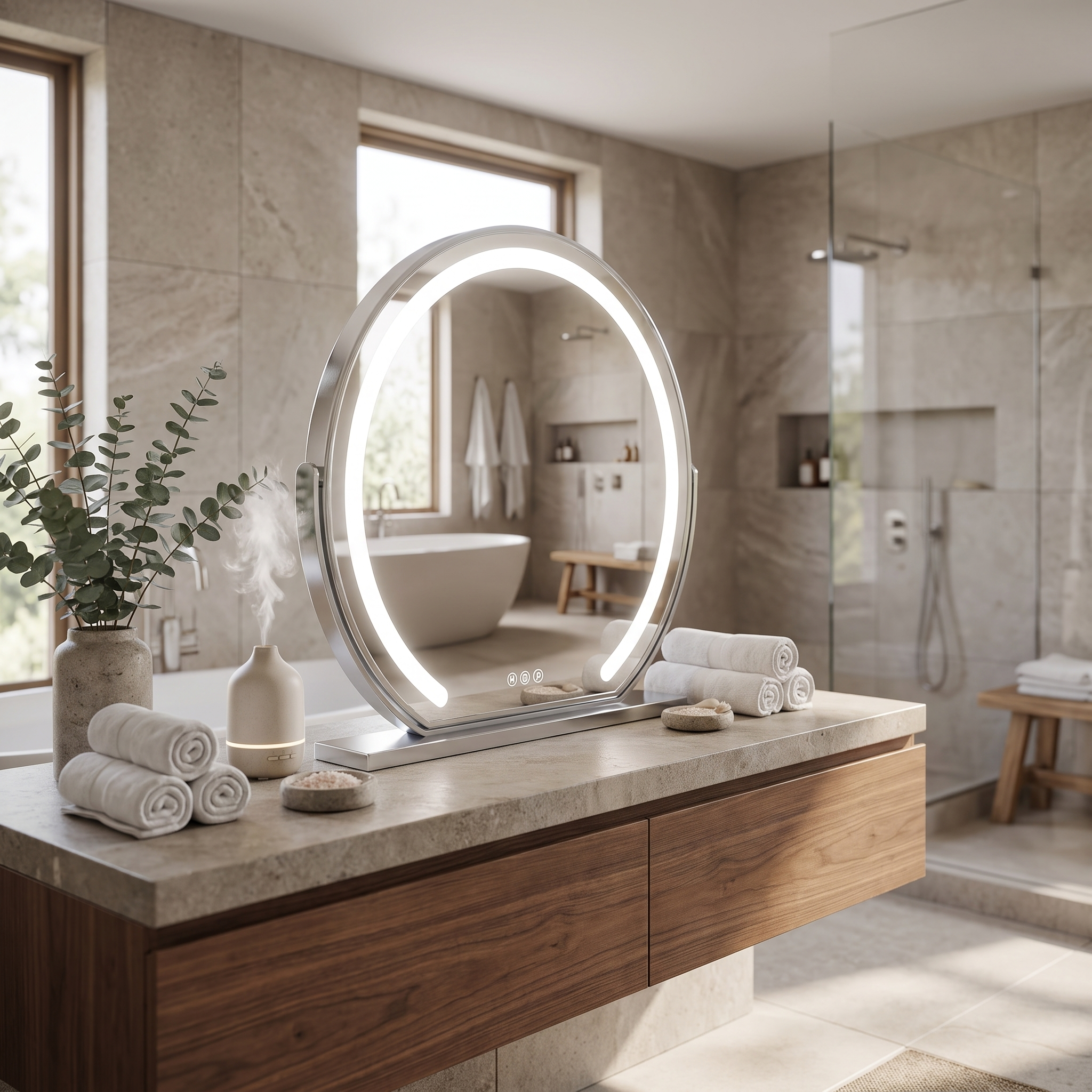 Bella Luce silver lighted vanity mirror in a serene spa bathroom