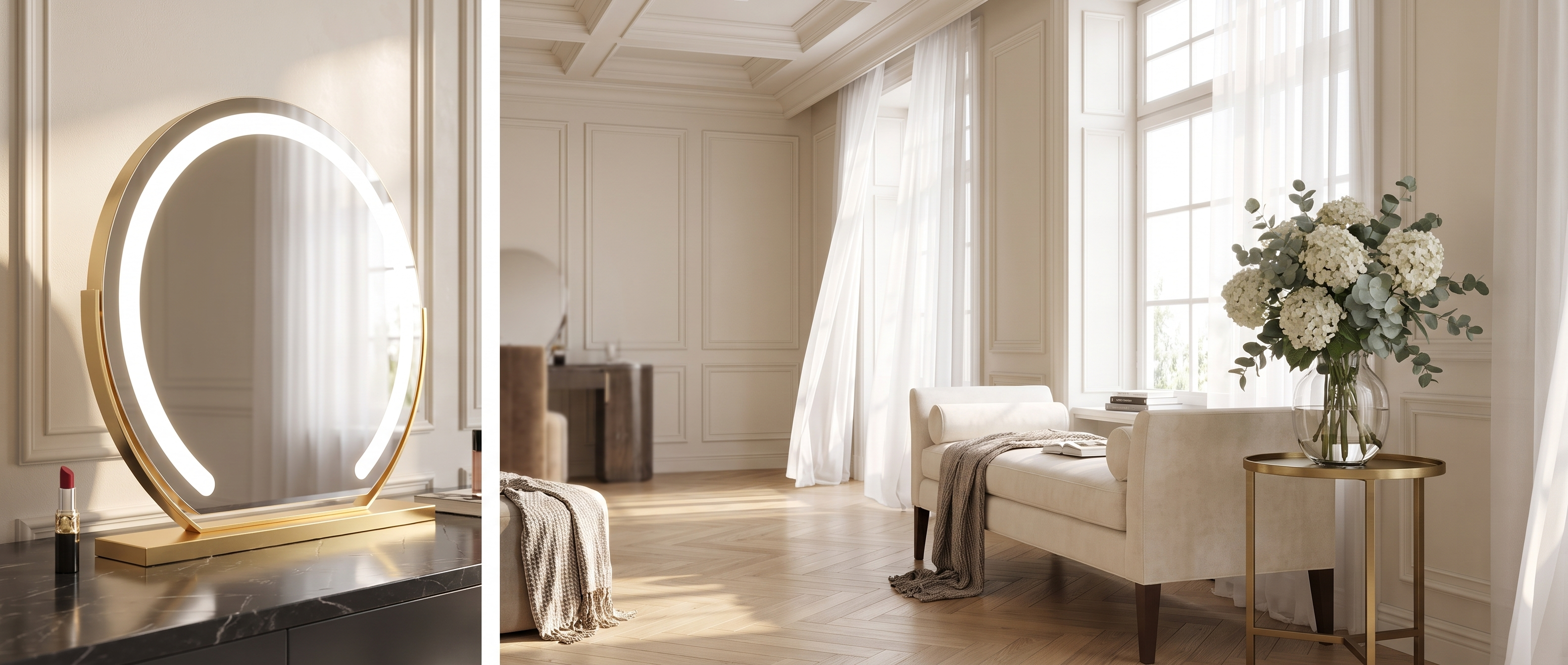 Bella Luce gold lighted vanity mirror in an elegant dressing room