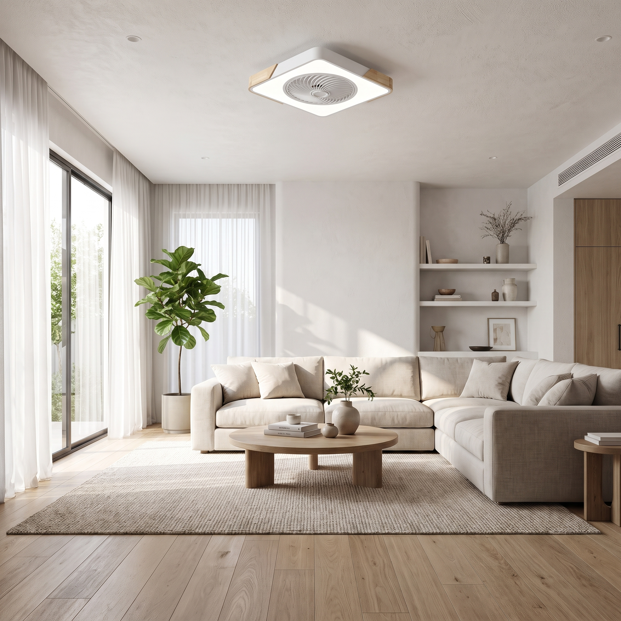 Aria Nordica white square ceiling fan light in an airy living room
