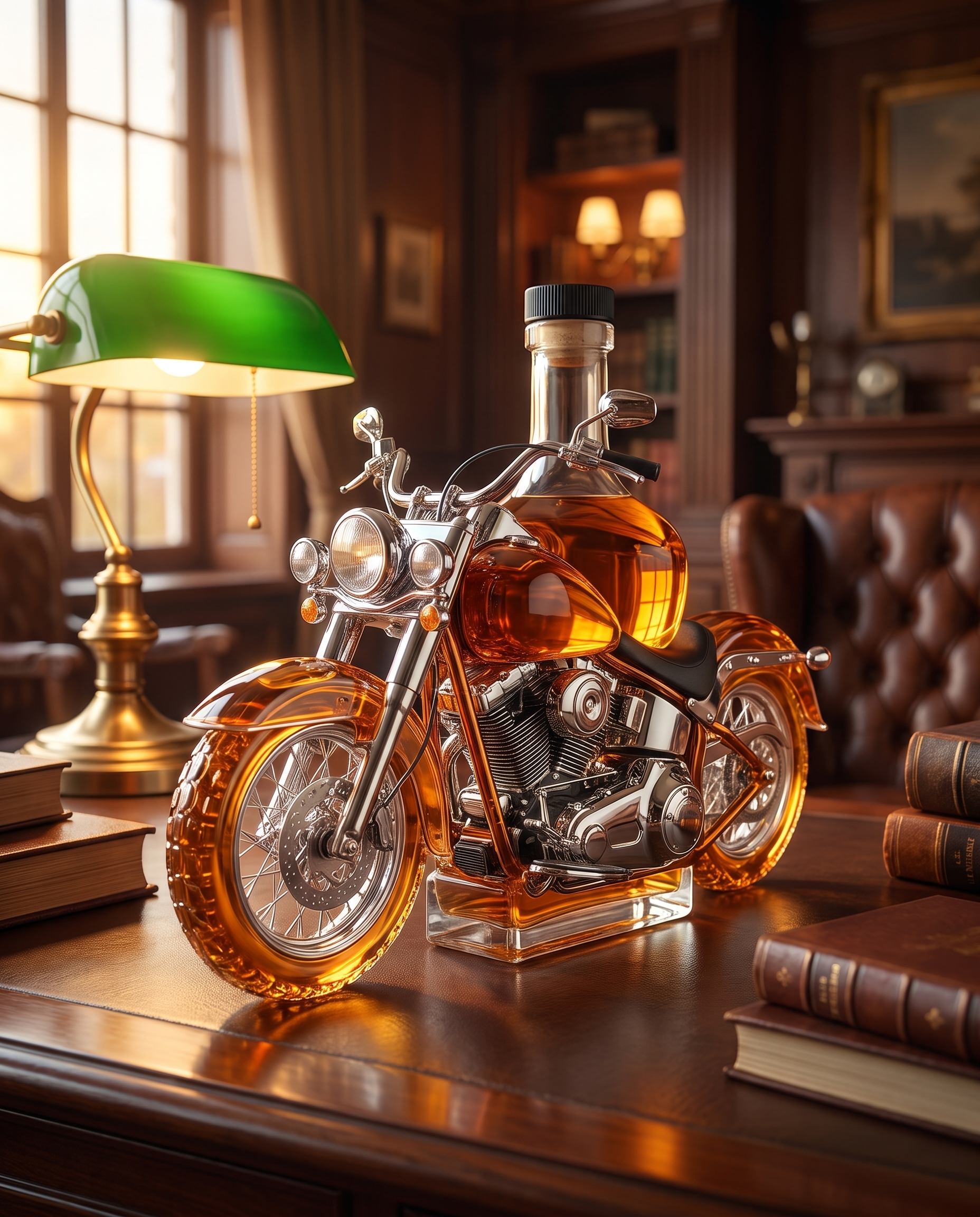 Rombo Motorcycle Whiskey Decanter on a study desk