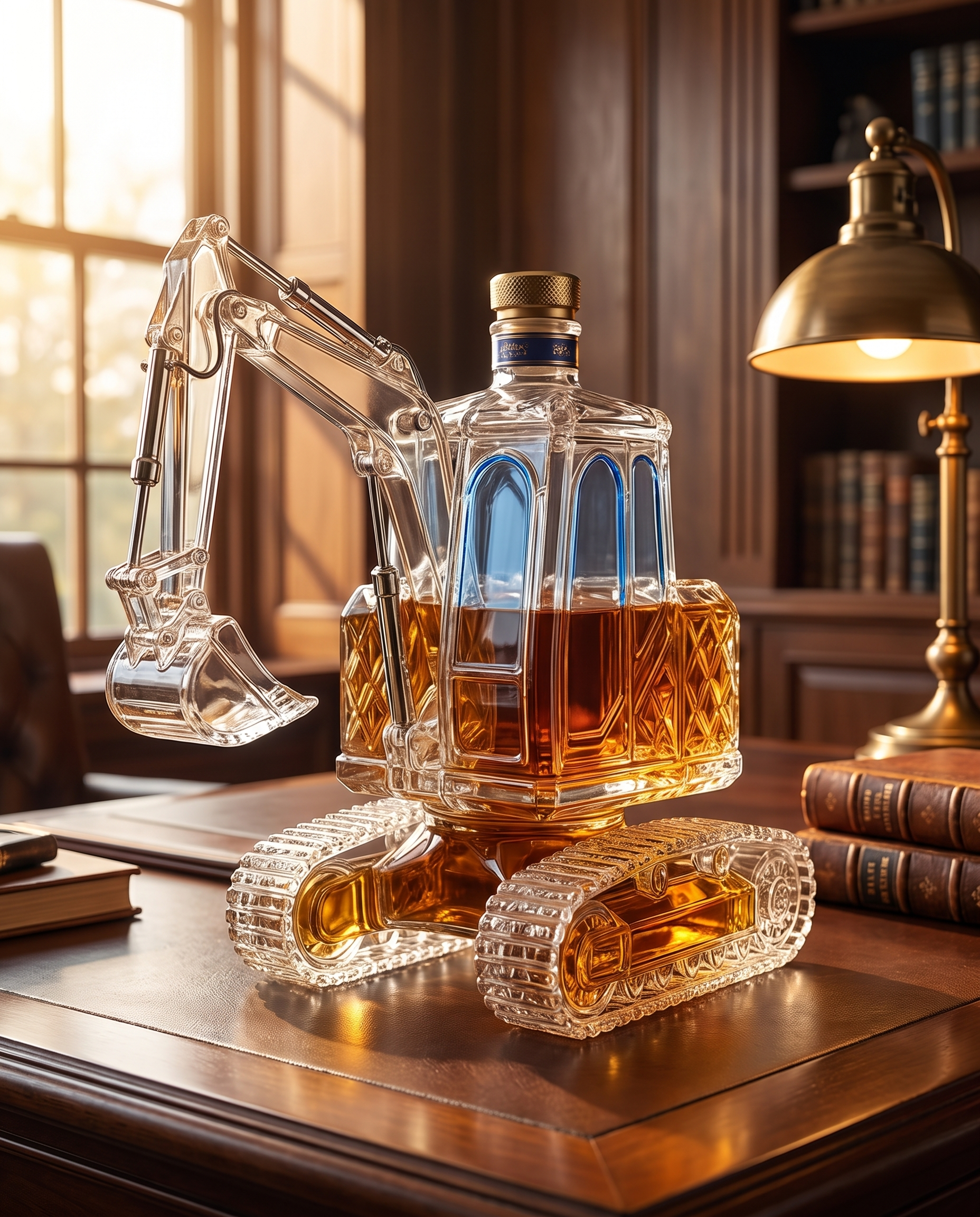 Cava Excavator Whiskey Decanter on an executive desk