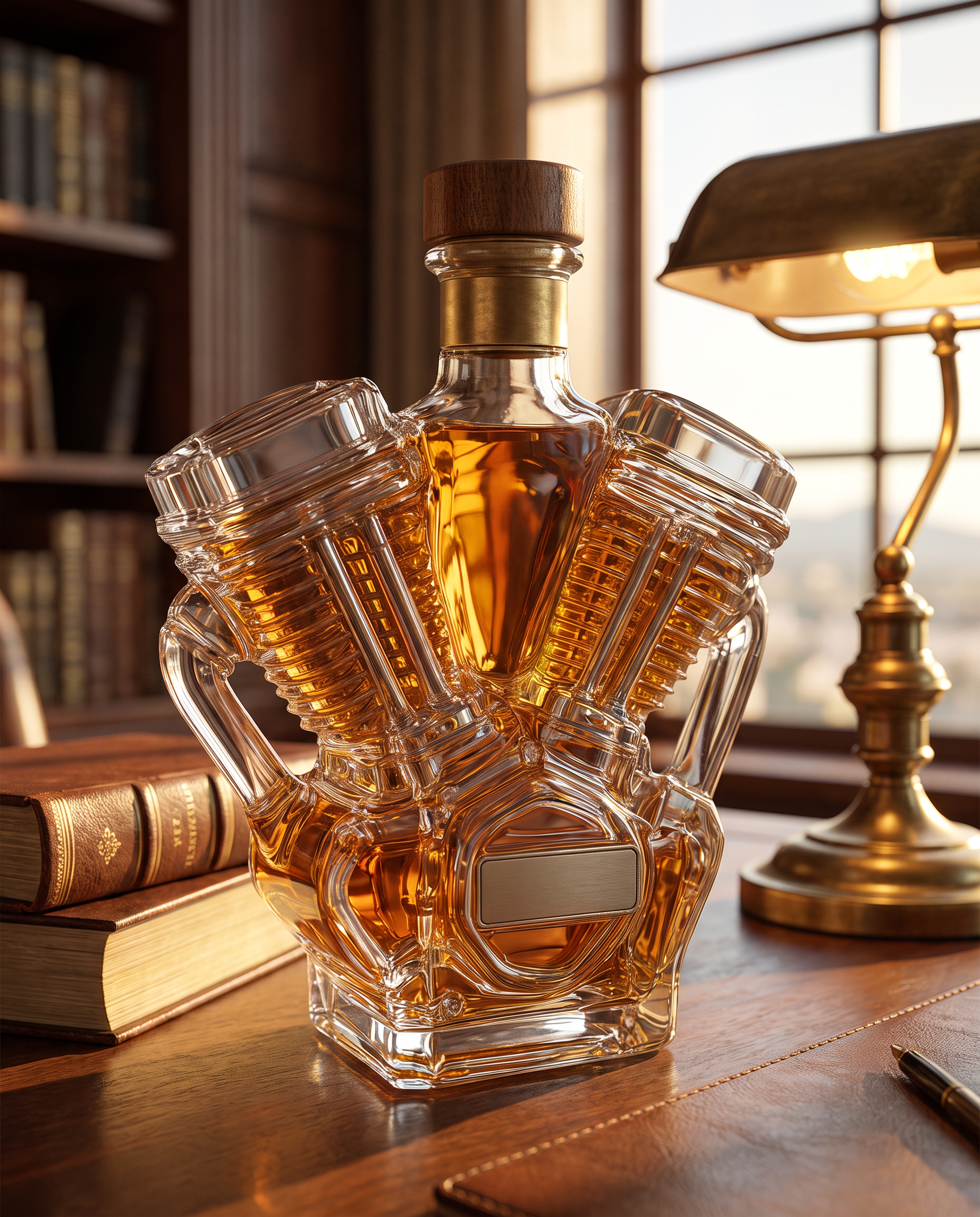 Gemello Twin-Engine Whiskey Decanter on an executive desk