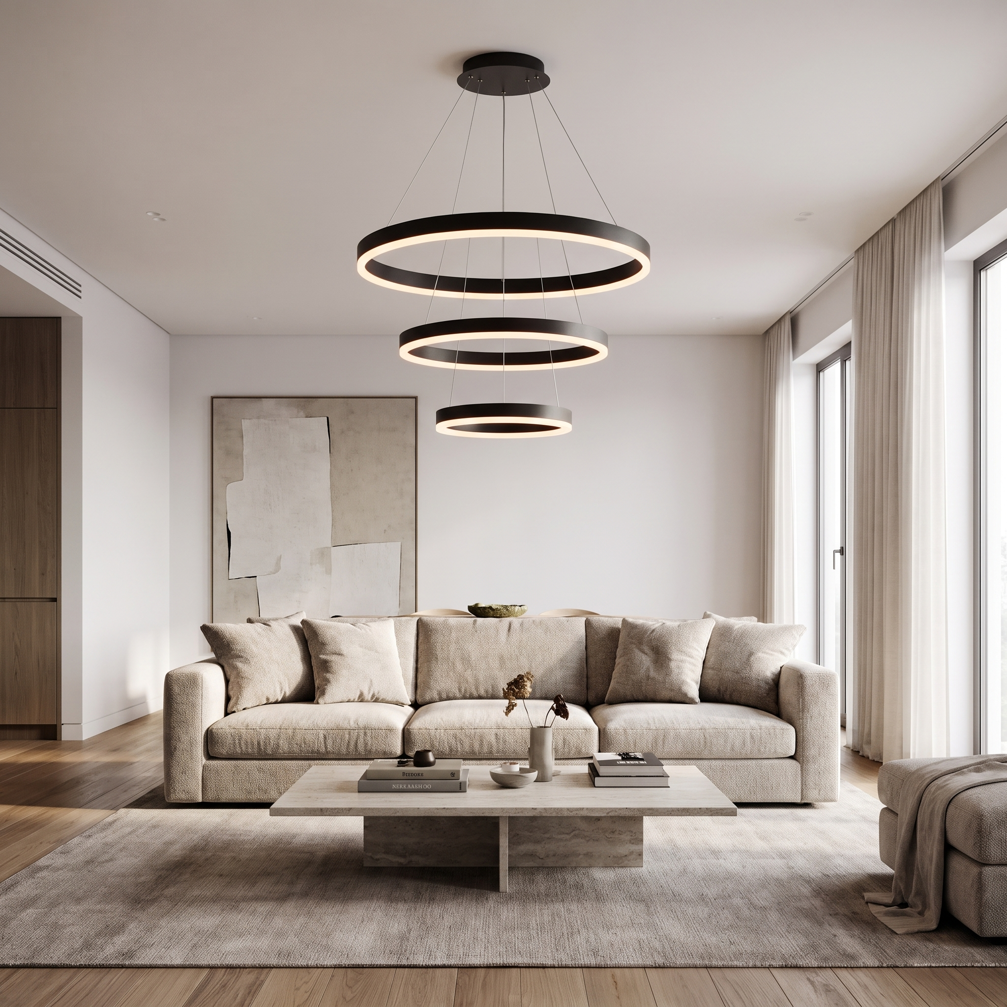 Black ring pendant light with three rings in a living room