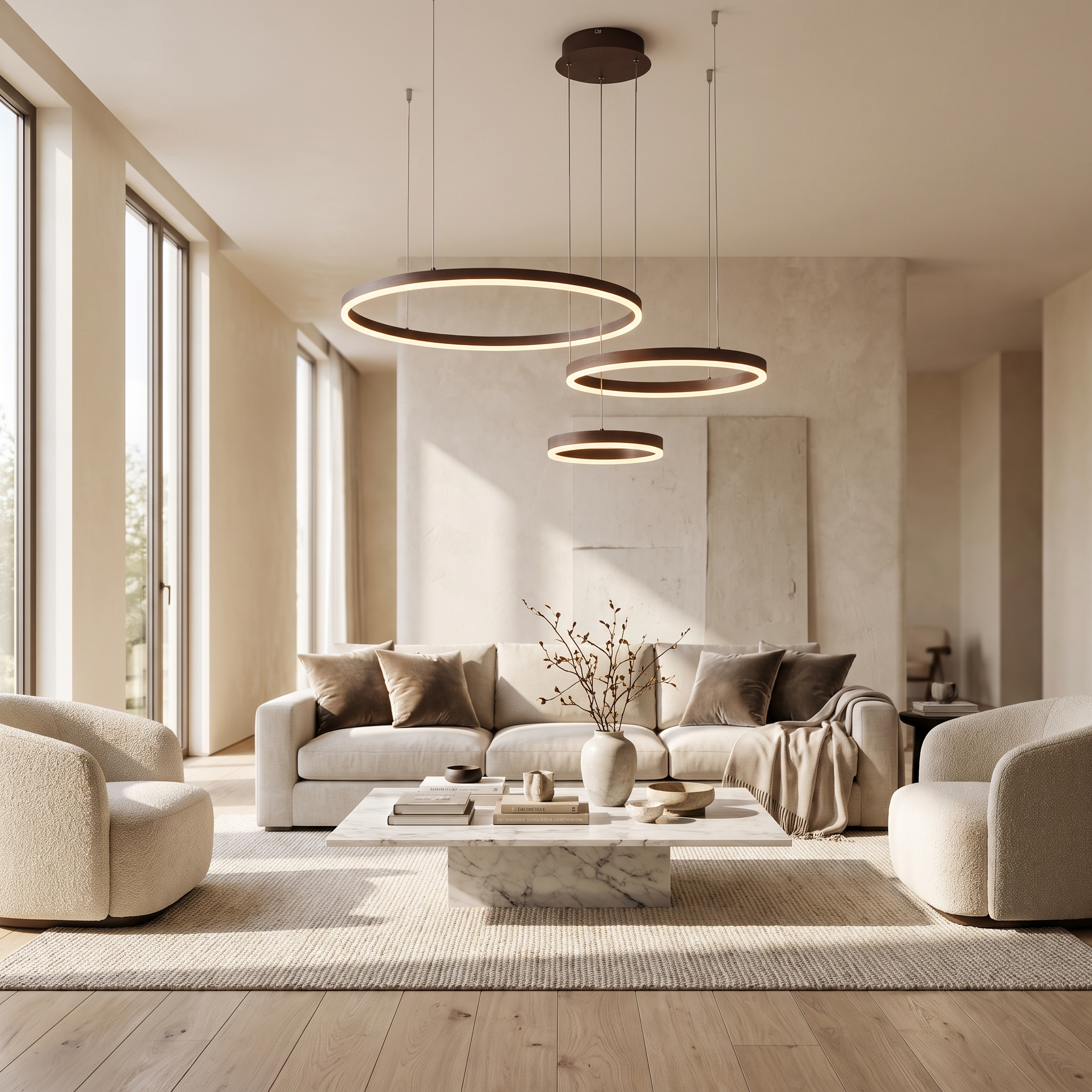 Coffee brown ring pendant light with three rings in a living lounge