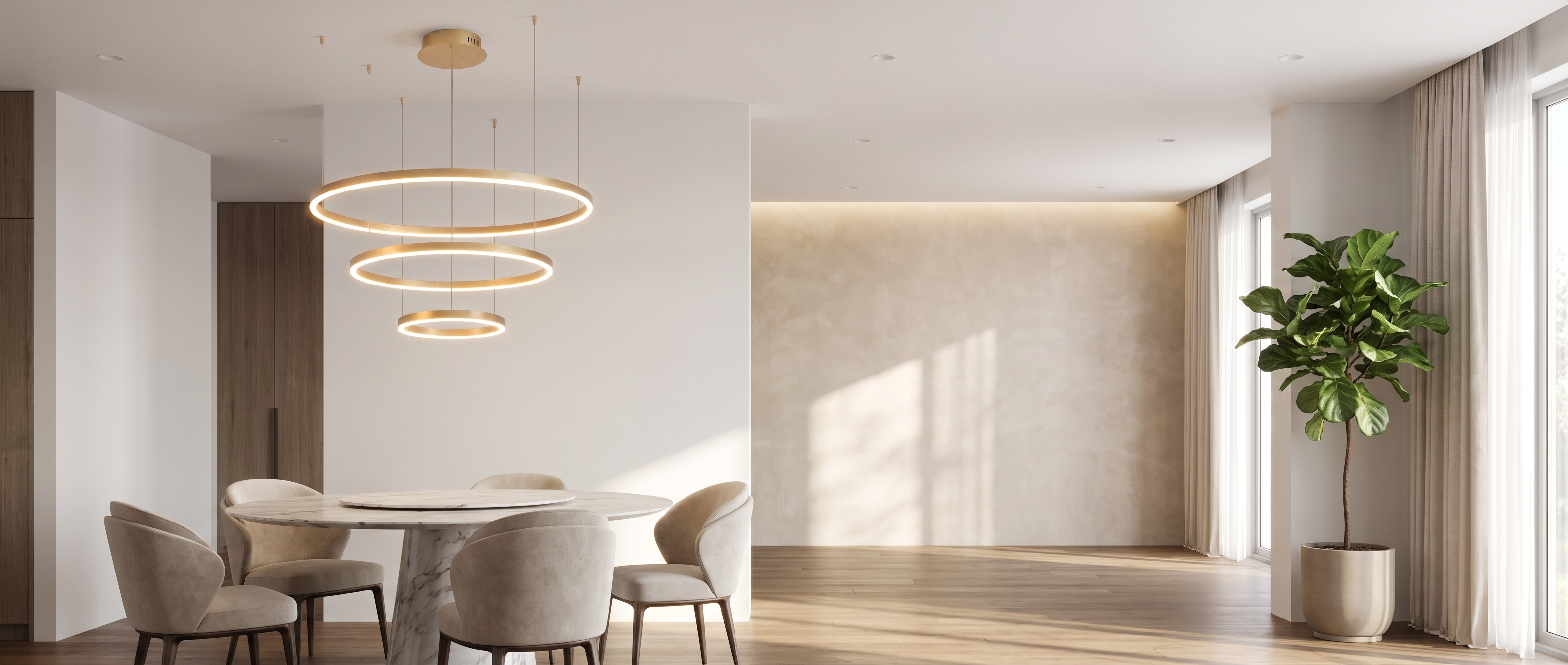 Gold ring pendant light over a dining table in a bright modern room