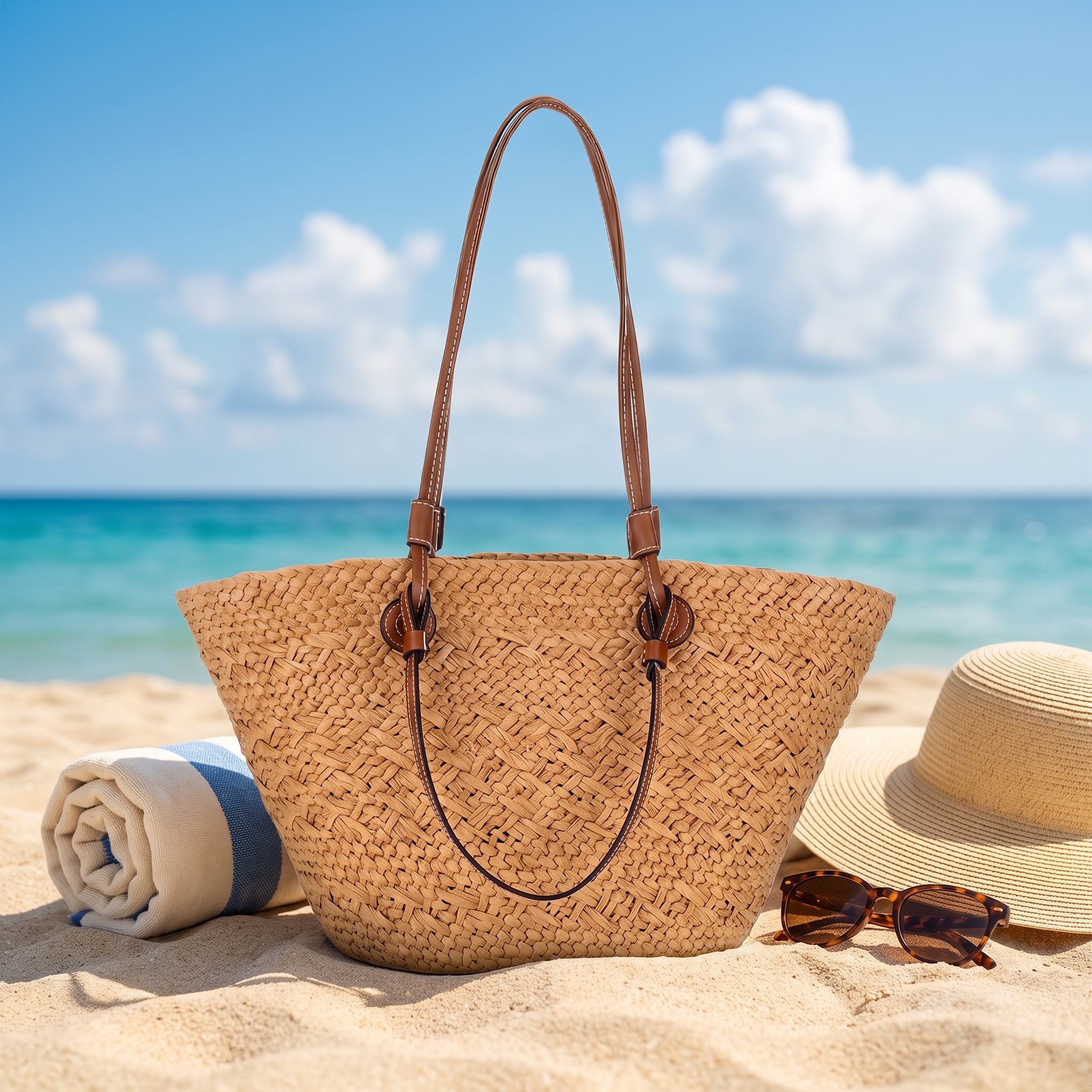 Brown woven straw beach tote on the sand by the sea