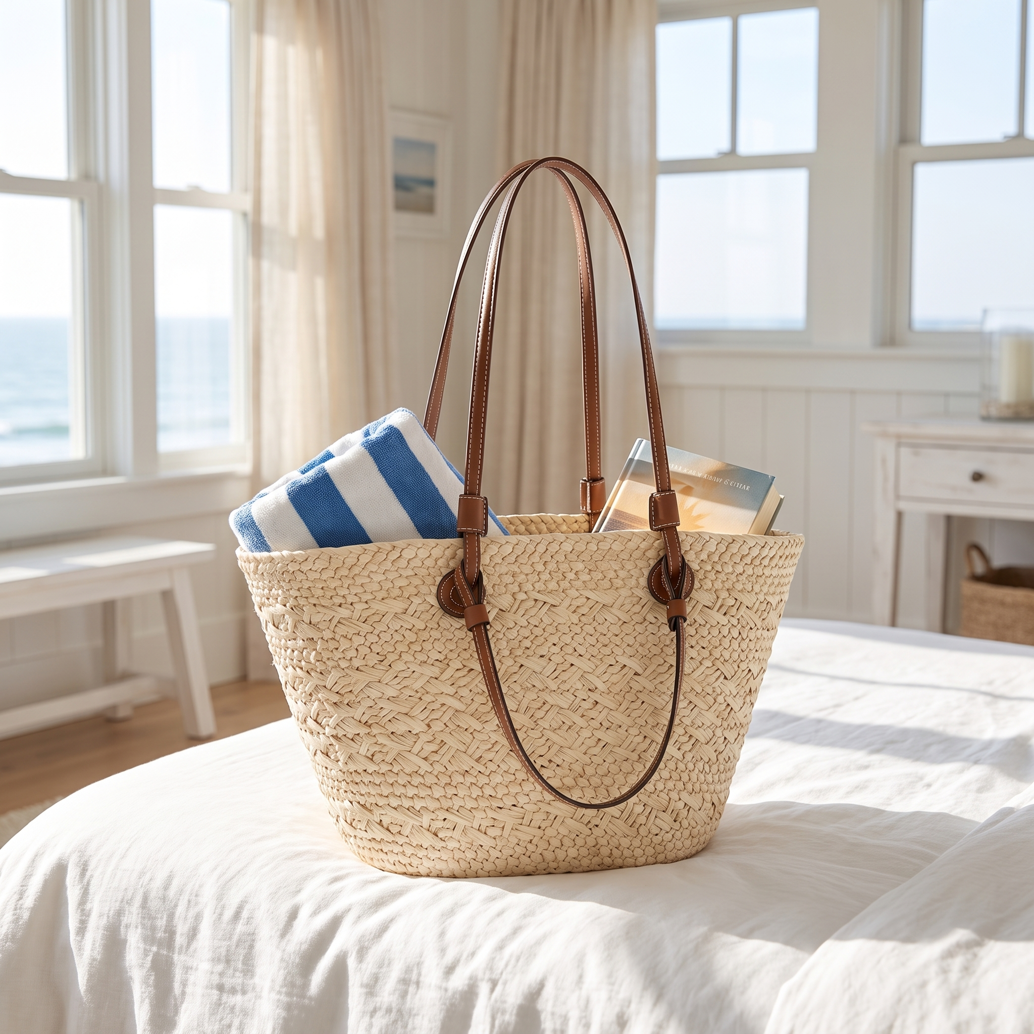 Cream straw tote packed on a linen bed in a coastal bedroom