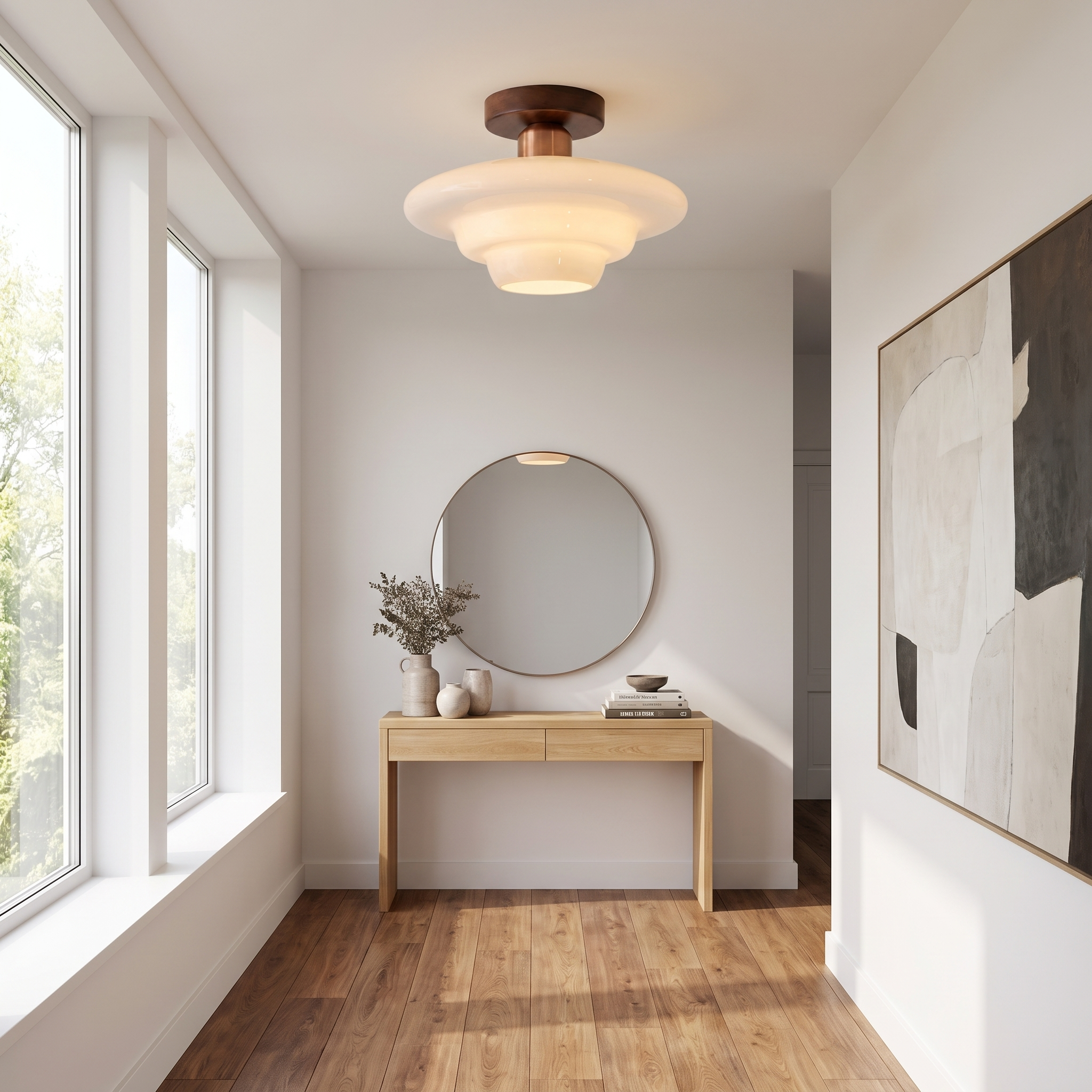 Walnut and glass tiered ceiling lamp in a bright hallway