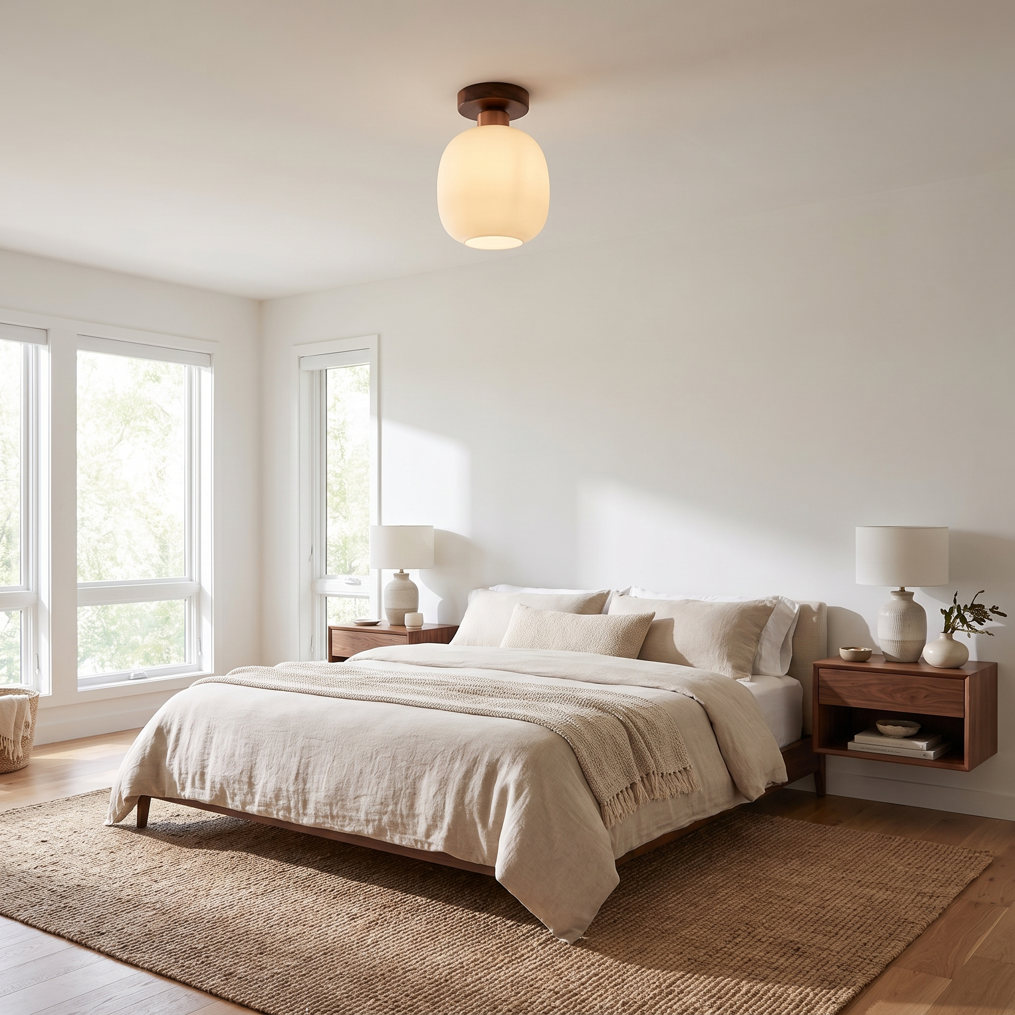 Walnut and glass dome ceiling lamp in a bedroom