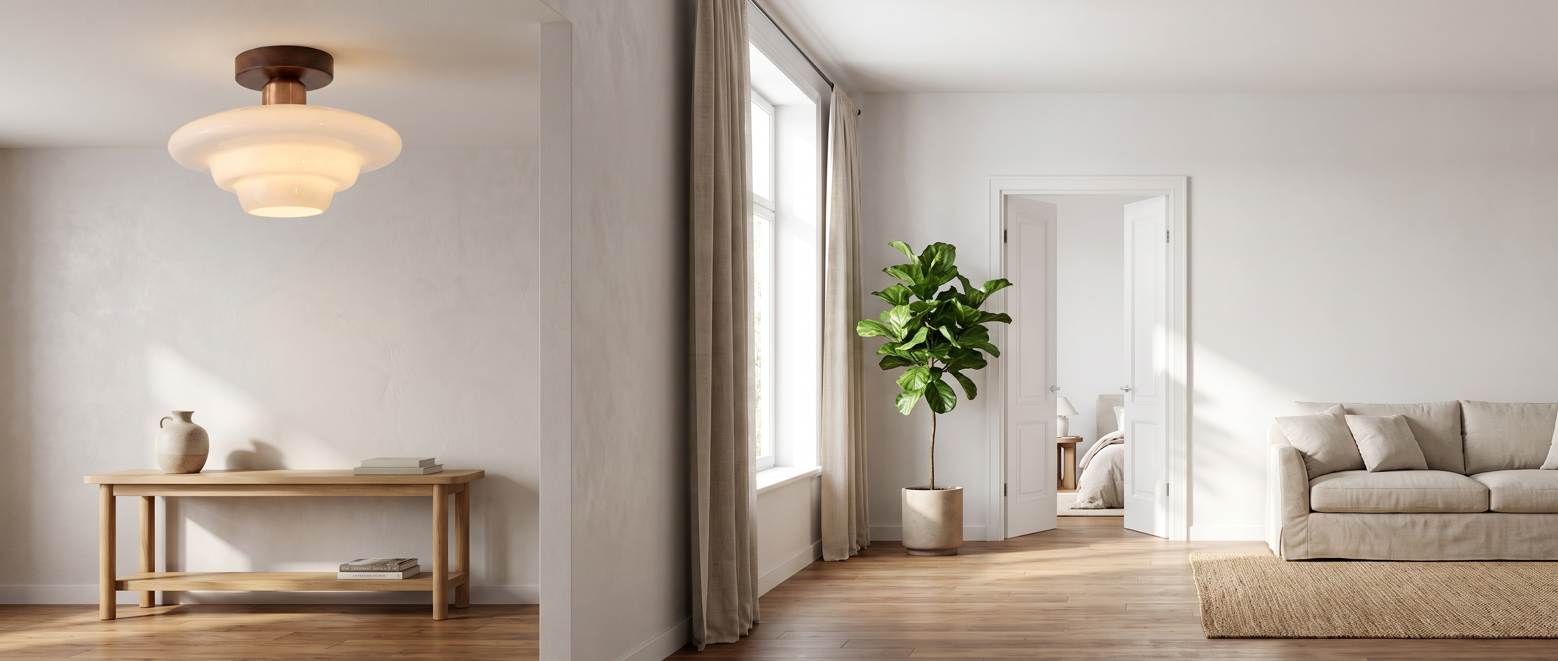 Walnut and glass ceiling lamp in a bright Scandinavian interior