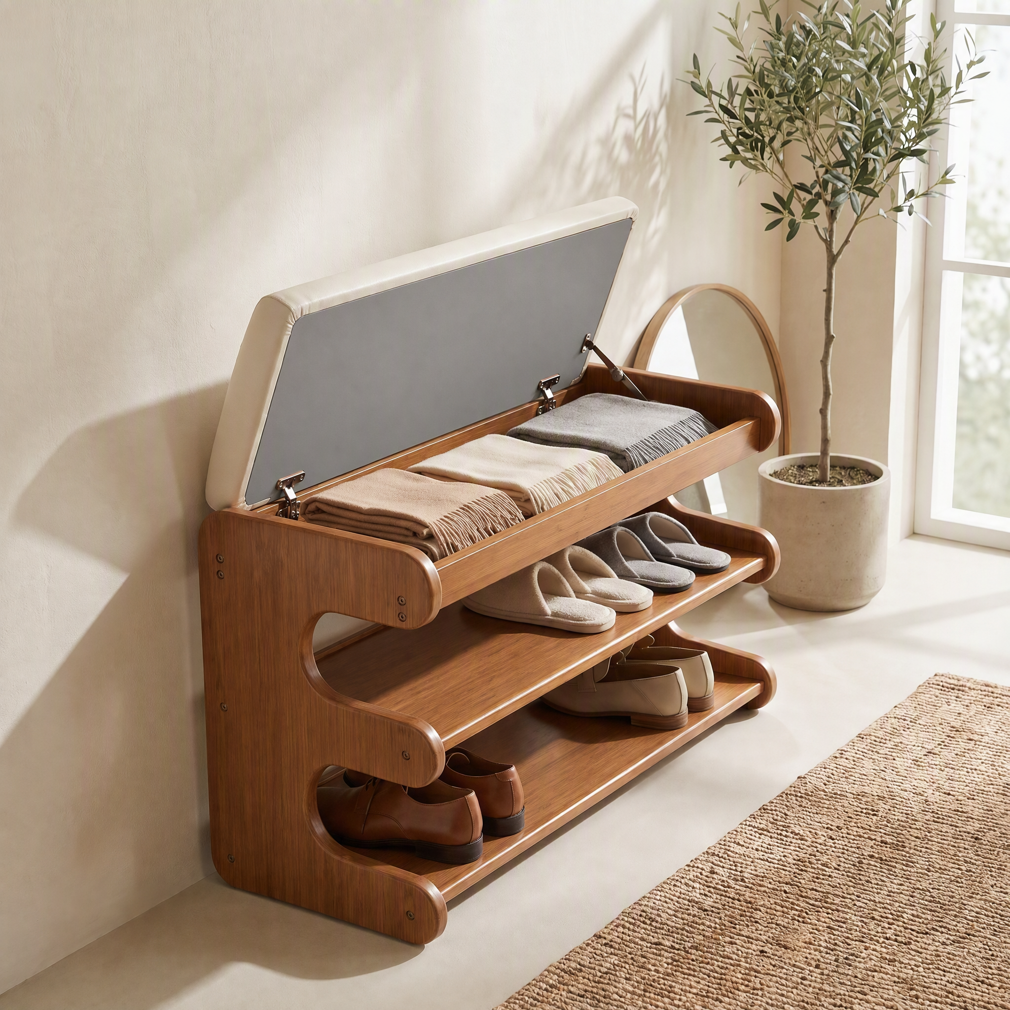 Bamboo shoe bench seat lifted to reveal hidden storage compartment