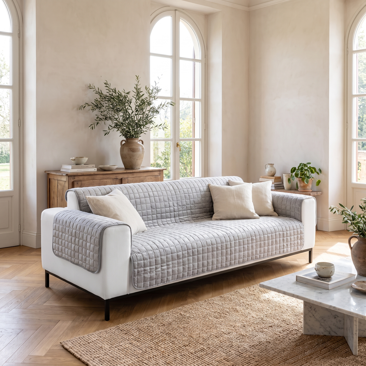 Morbido Abbraccio Quilted Sofa Cover - Gray - 3 seat sofa in bright Italian living room