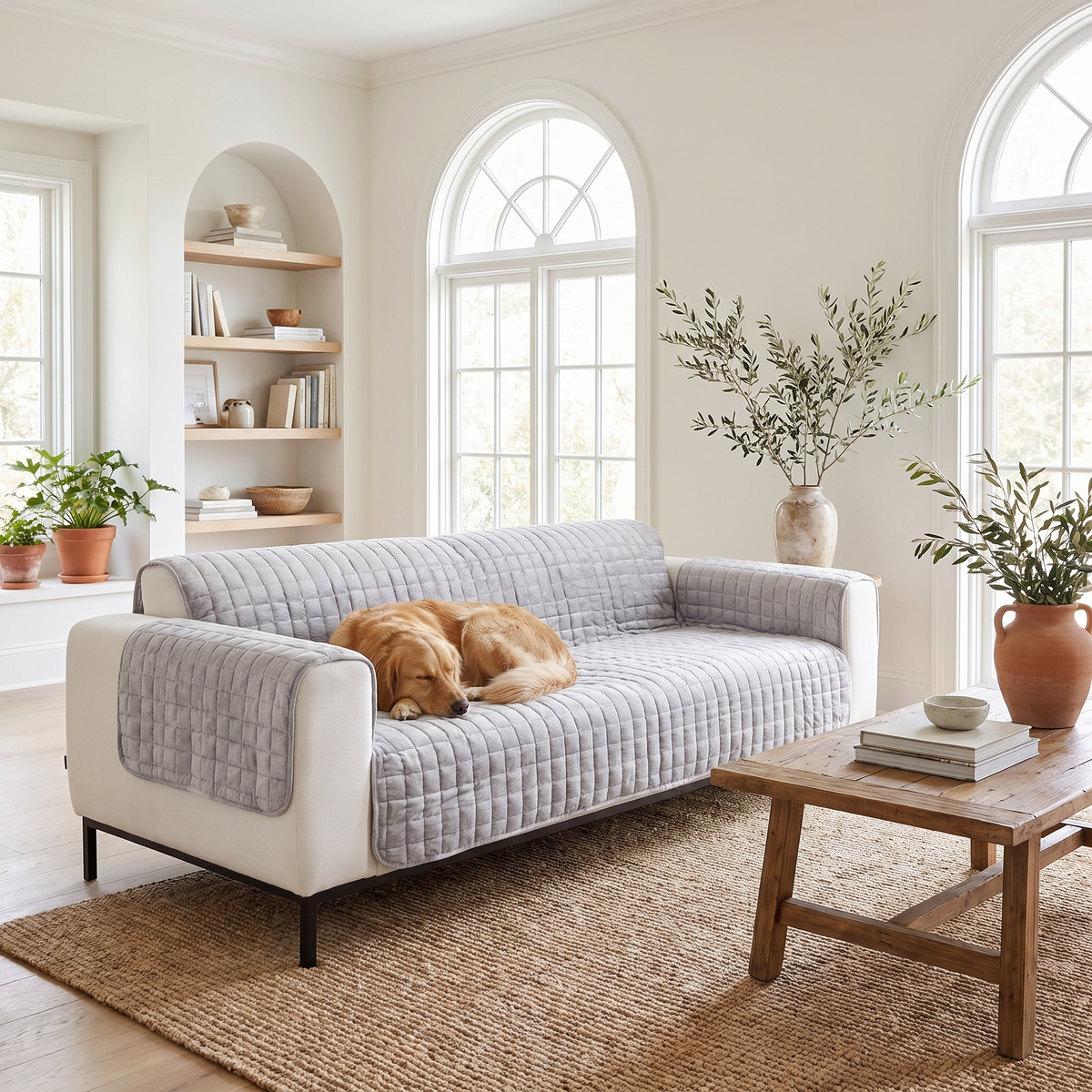 Morbido Abbraccio Quilted Sofa Cover - Gray - 3 seat sofa with dog resting in family room