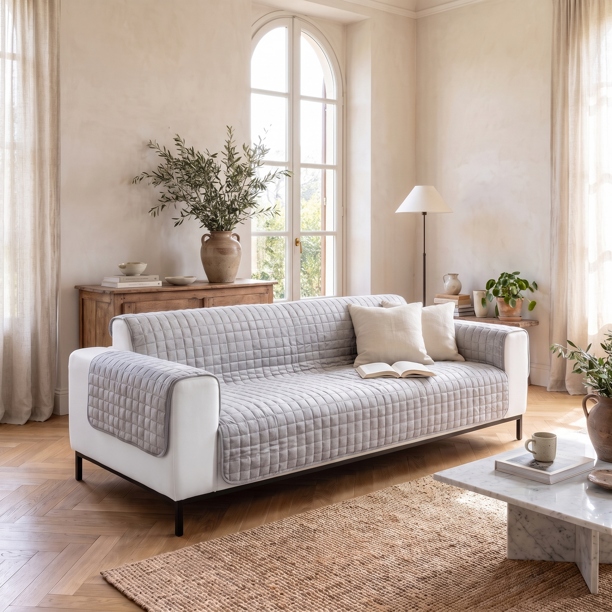 Morbido Abbraccio Quilted Sofa Cover - Gray - 2 seat loveseat in sunlit reading corner