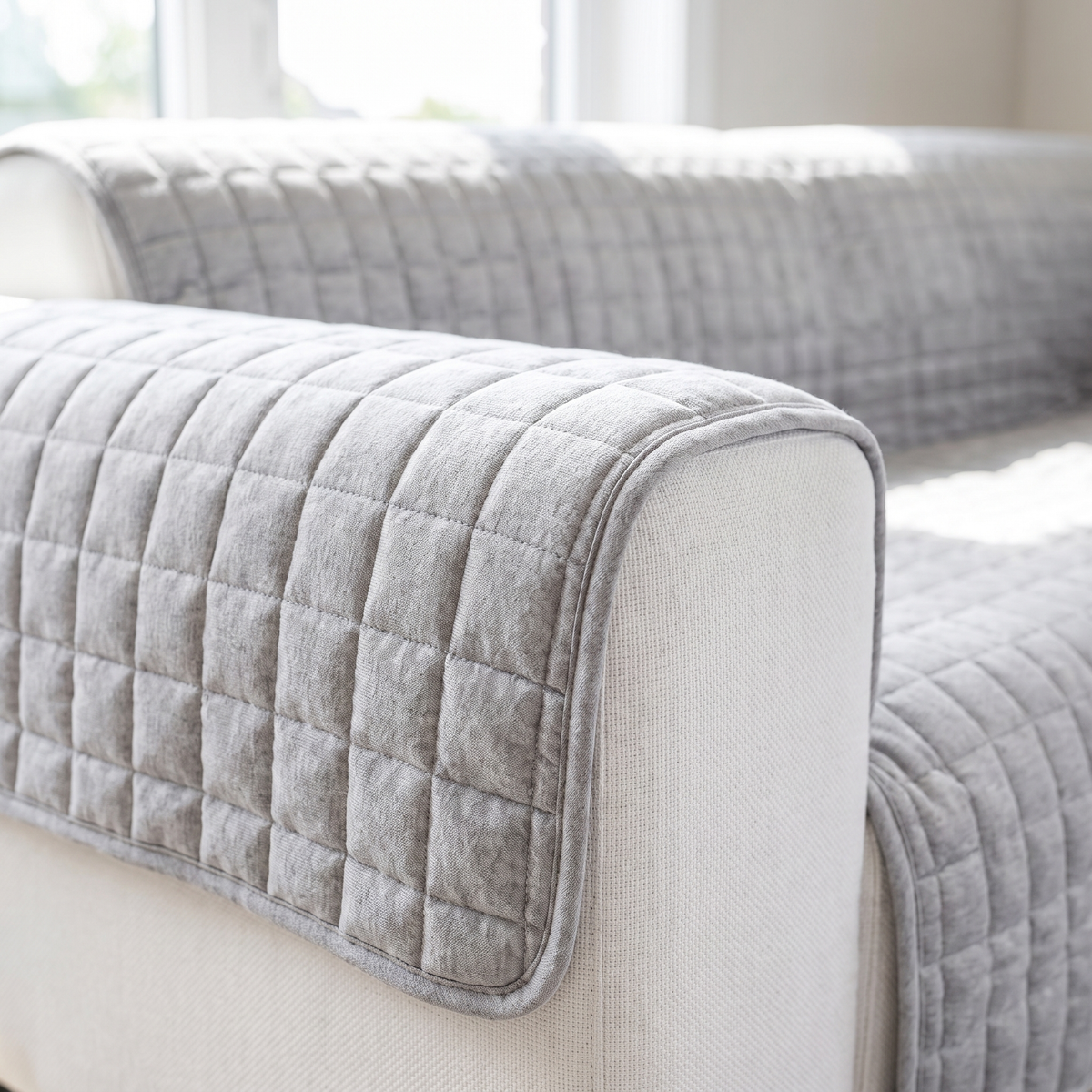 Morbido Abbraccio Quilted Sofa Cover - Gray - close-up of box quilting and bound edge