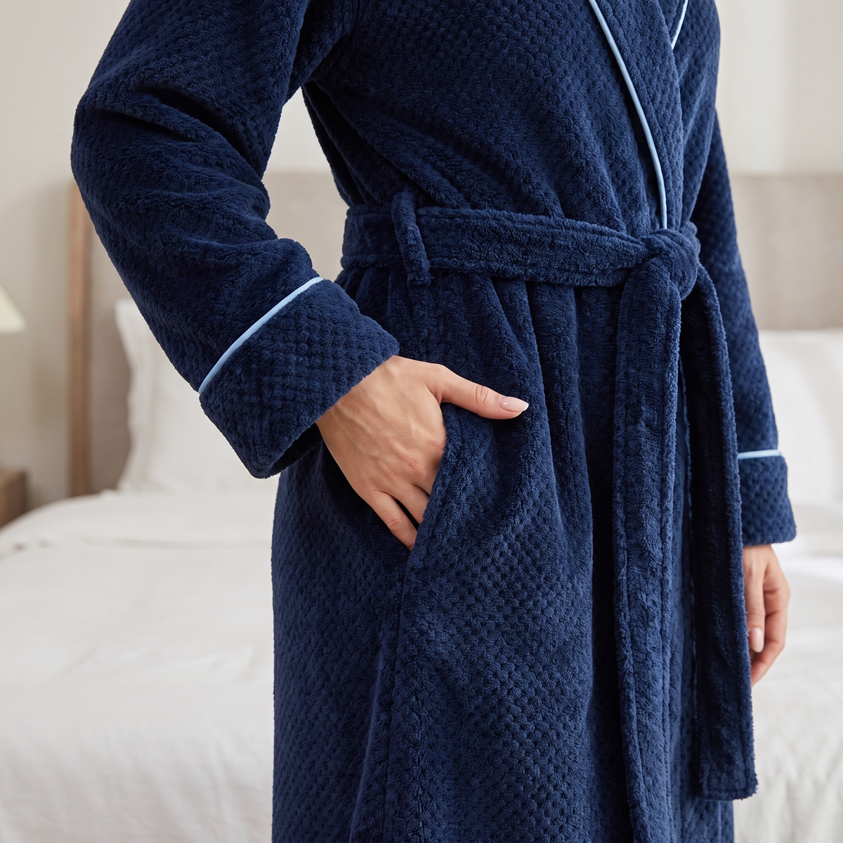 Navy plush fleece robe side-seam pocket, piping and belt detail