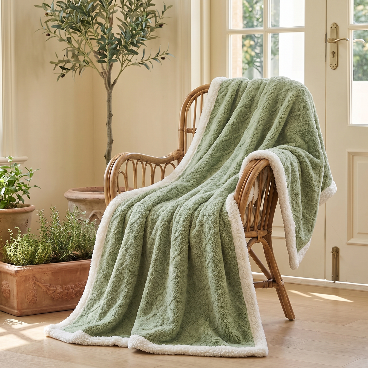 Coccola Velluto Italian Sherpa Throw Blanket - Matcha - Tuscan Garden Room with White Sherpa Border