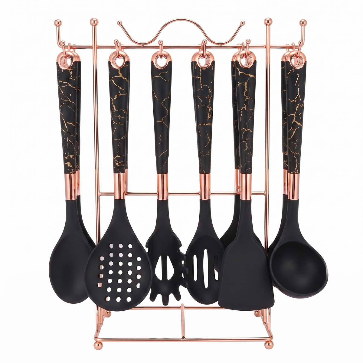Marmo 7-piece utensil set in Black crackle marble with rose-gold stand on white background