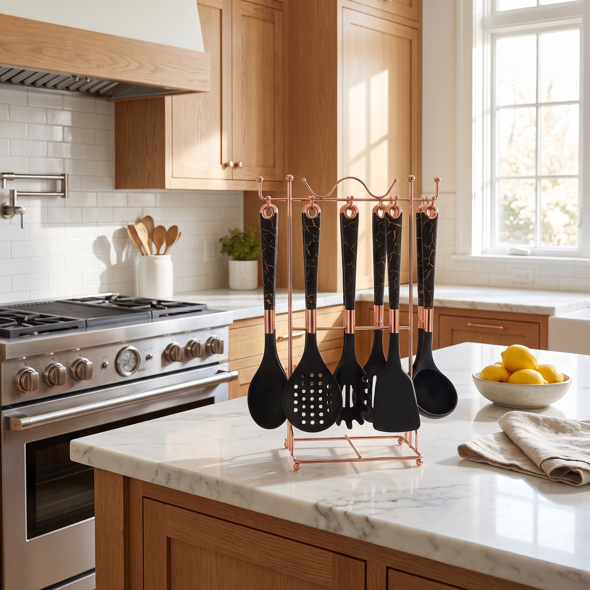 Black Marmo crackle-marble utensil set on its rose-gold stand on a marble counter in a bright oak kitchen